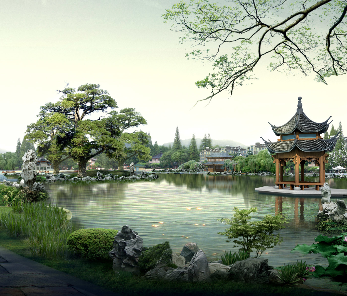 Скачать обои бесплатно Озеро, Пагода, Китай, Восточный, Восток, Религиозные, Кита́й картинка на рабочий стол ПК