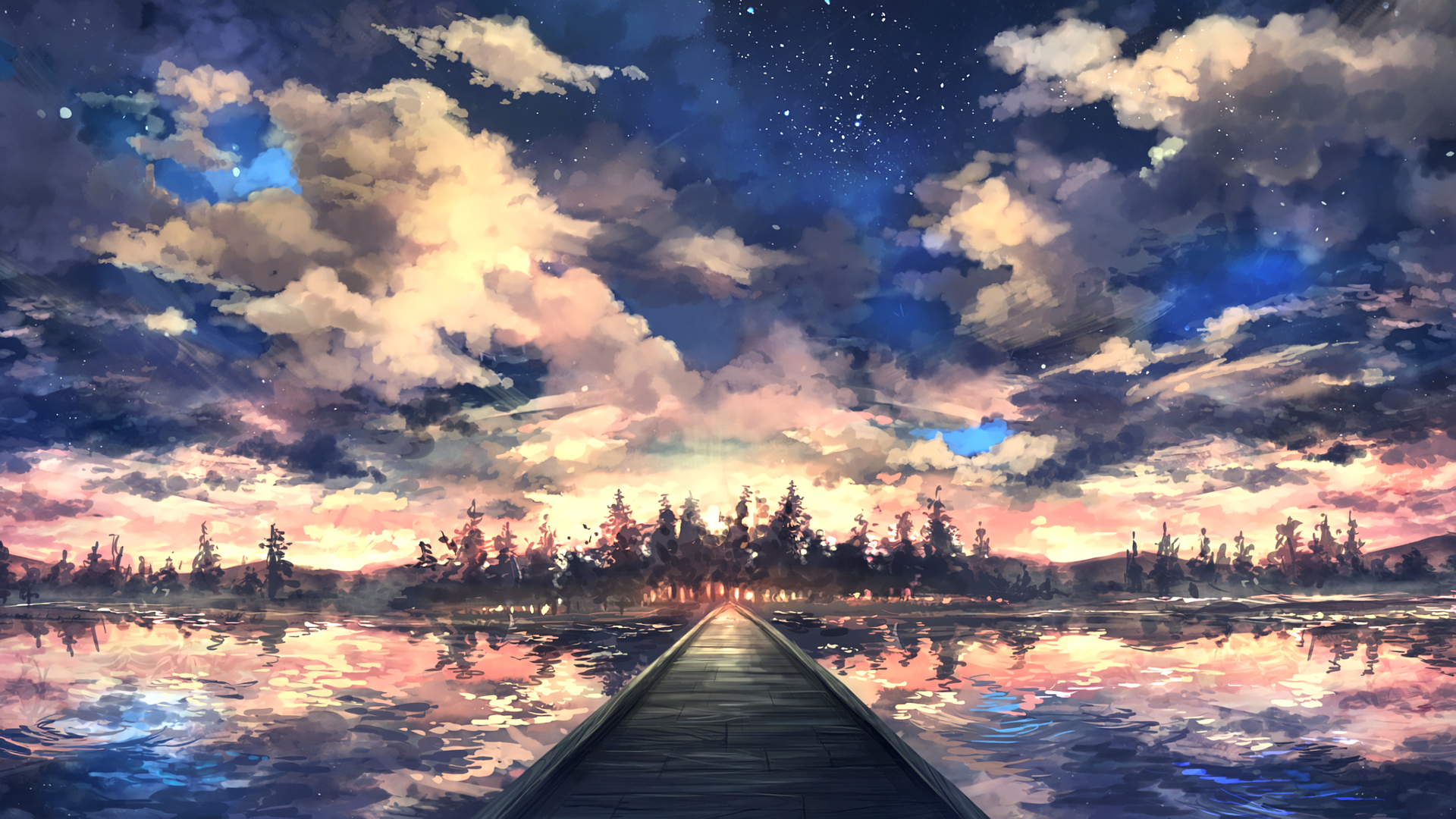 Download mobile wallpaper Landscape, Sky, Lake, Reflection, Pier, Artistic, Cloud, Walkway for free.