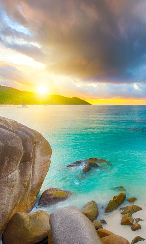 Download mobile wallpaper Sea, Sun, Beach, Horizon, Ocean, Earth, Cloud, Seychelles for free.