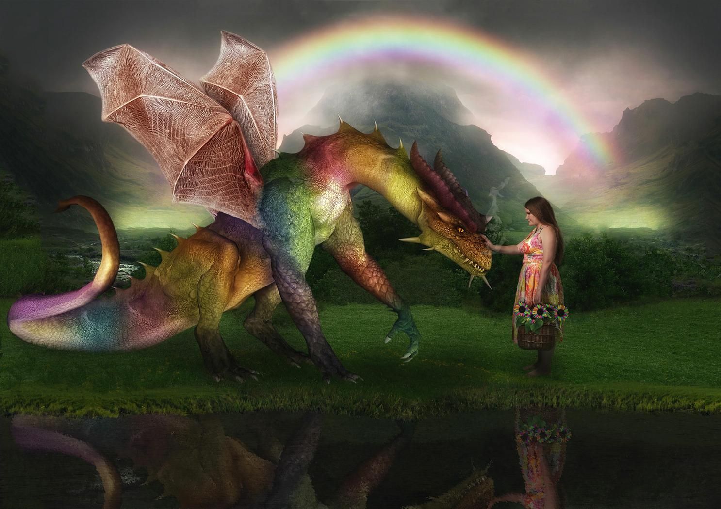無料モバイル壁紙ファンタジー, ドラゴン, 虹をダウンロードします。
