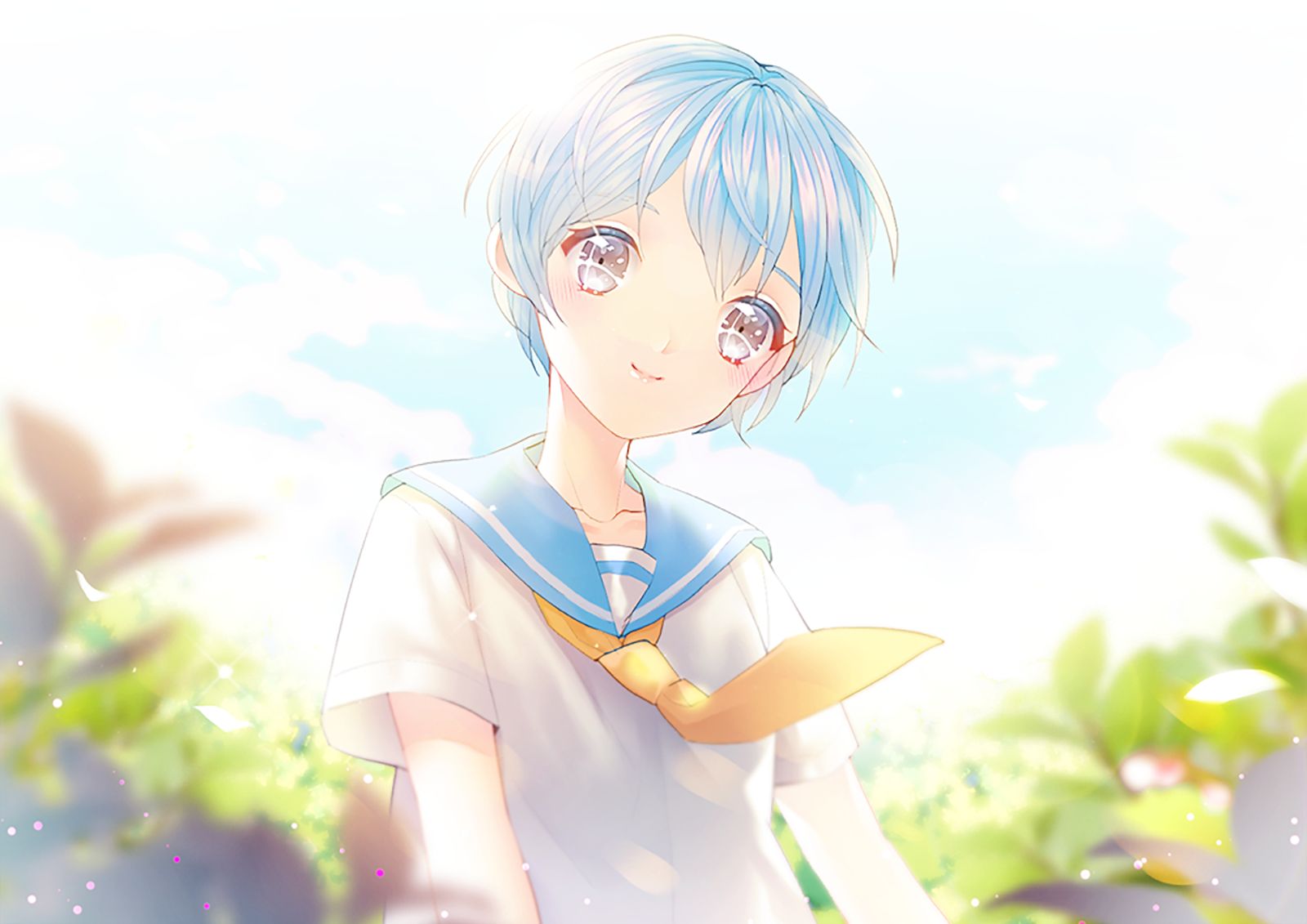 Download mobile wallpaper Anime, Leaf, Blue Eyes, Original, School Uniform, Short Hair, Sunshine for free.