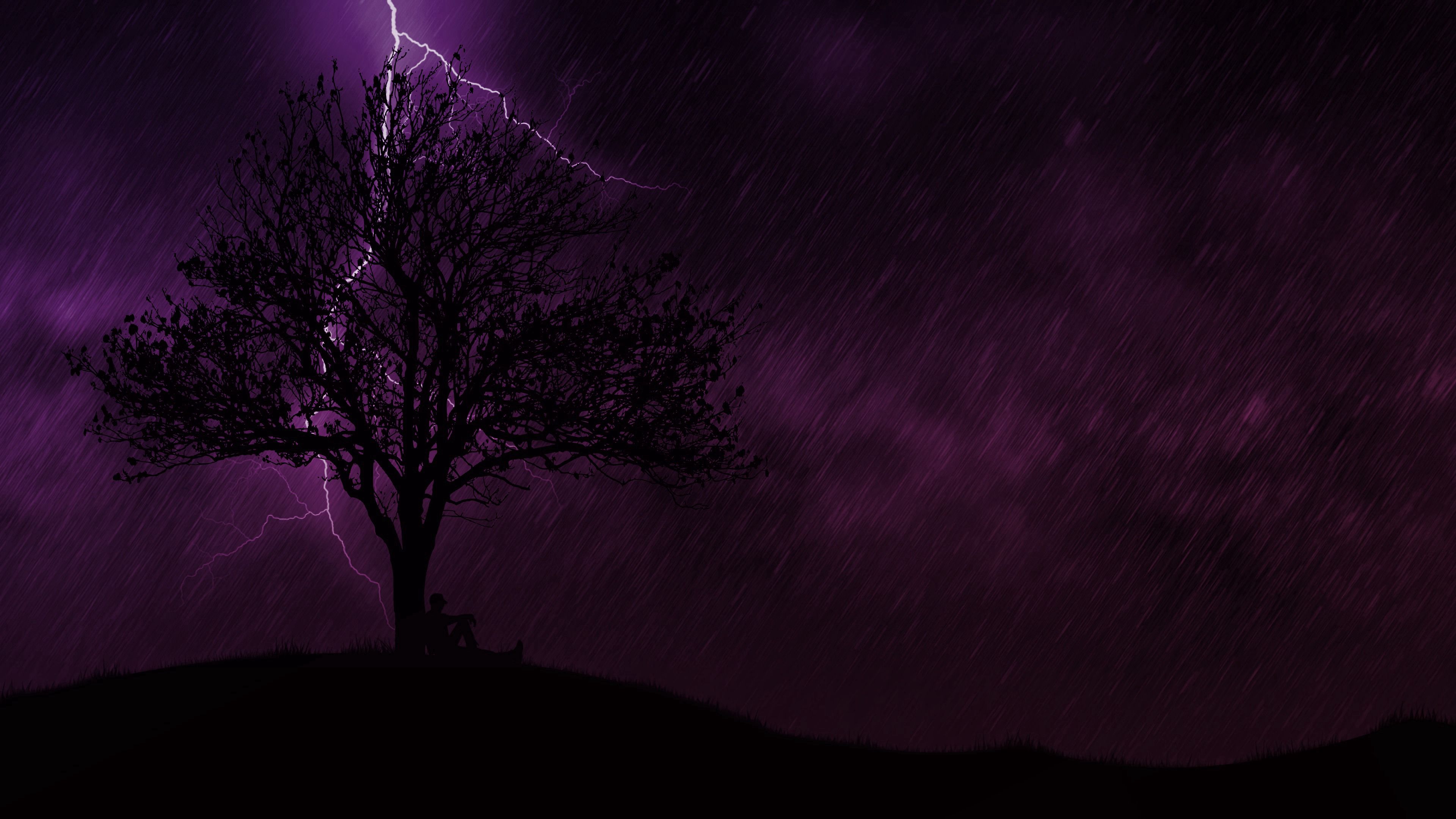 dark, night, lightning, rain, silhouette, wood, tree, loneliness