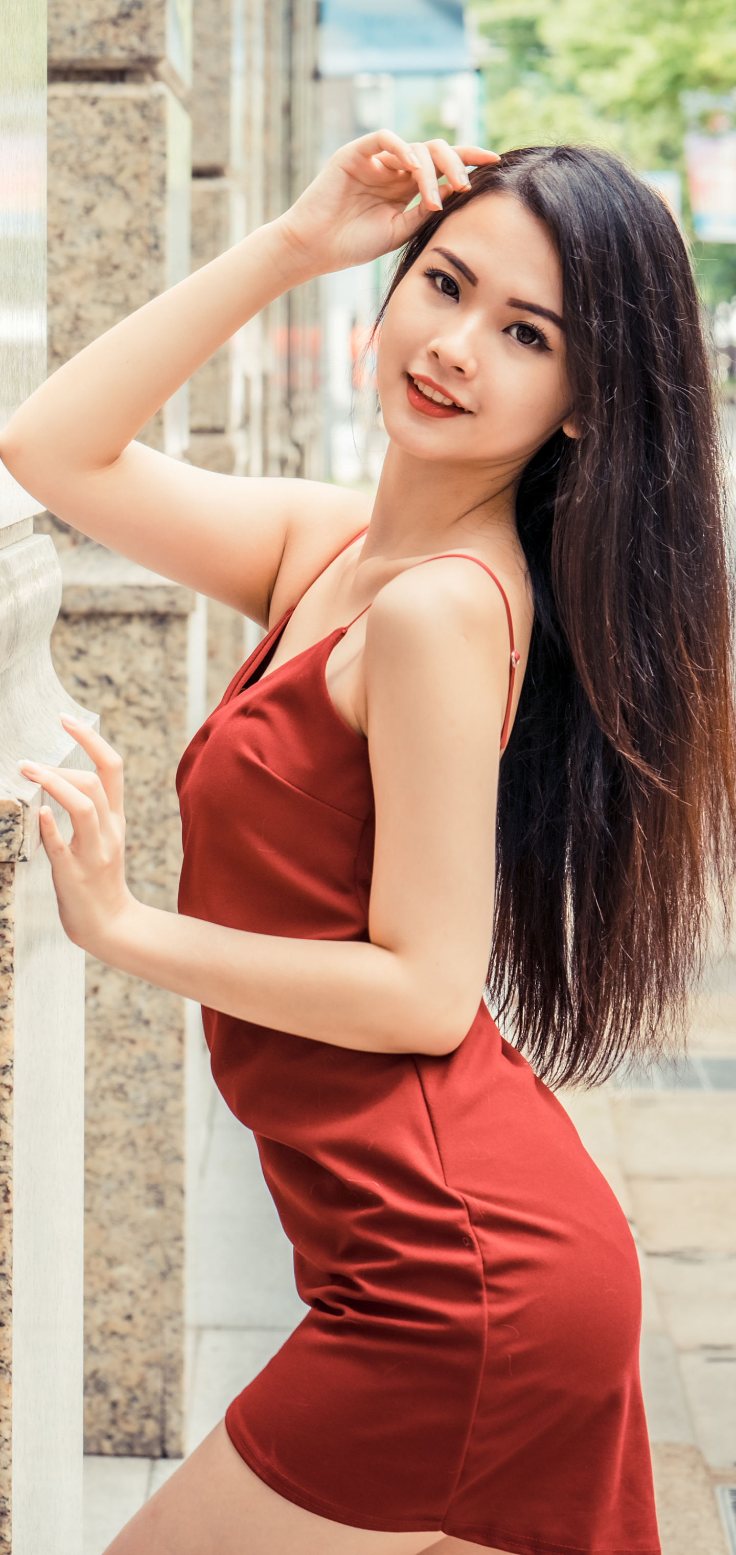 Download mobile wallpaper Brunette, Model, Women, Asian, Long Hair, Red Dress for free.