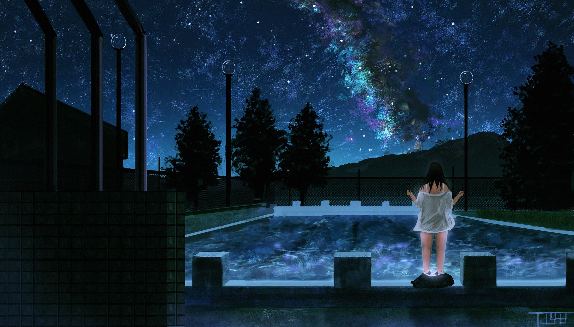 Free download wallpaper Anime, Stars, Night, Tree, Pool, Original, Aurora Australis on your PC desktop