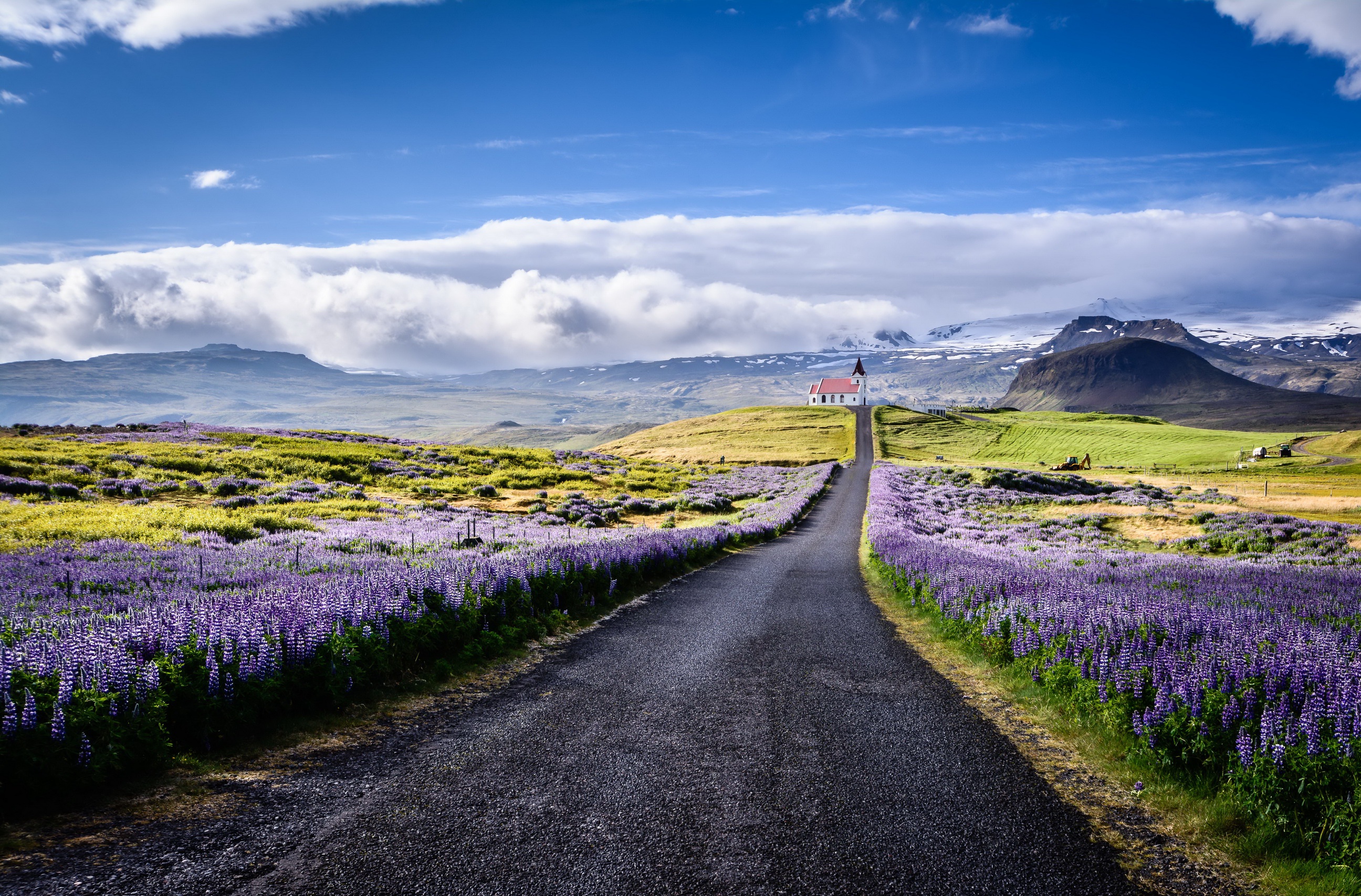 Download mobile wallpaper Landscape, Flower, Road, Cloud, Church, Lupine, Churches, Religious for free.