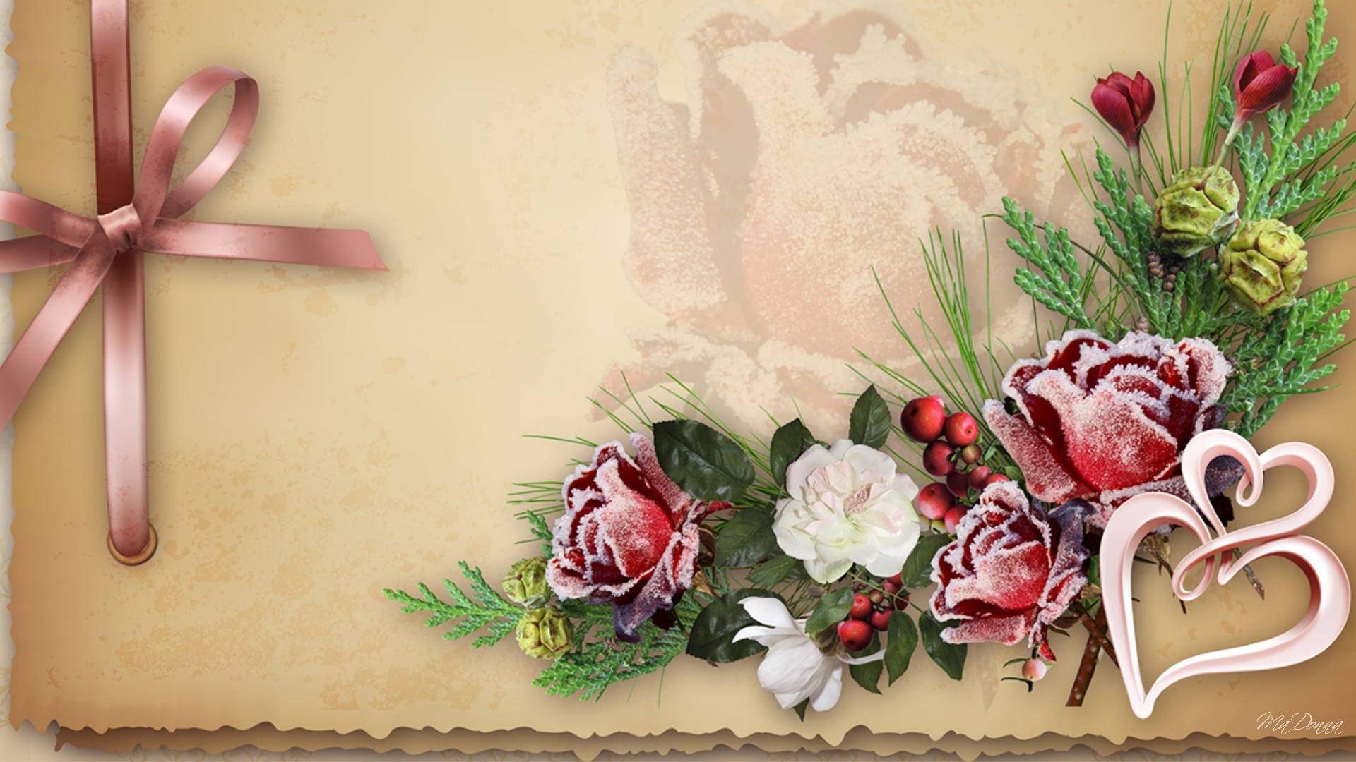 Free download wallpaper Flowers, Pink, Flower, Heart, Artistic, Ribbon on your PC desktop