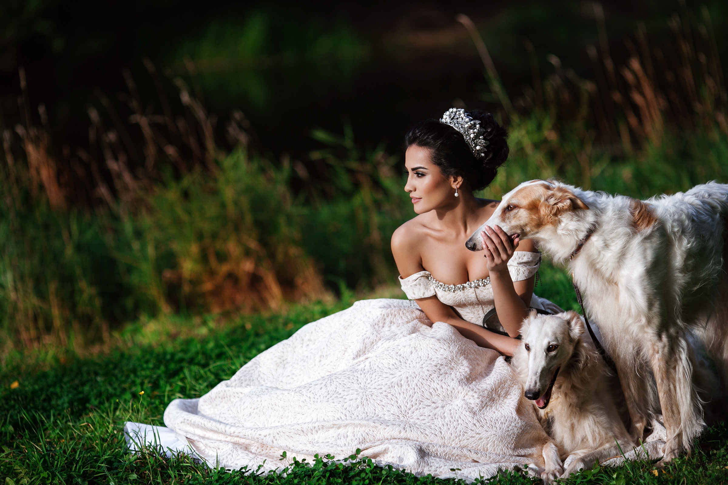 Free download wallpaper Nature, Dog, Mood, Dress, Brunette, Model, Women on your PC desktop