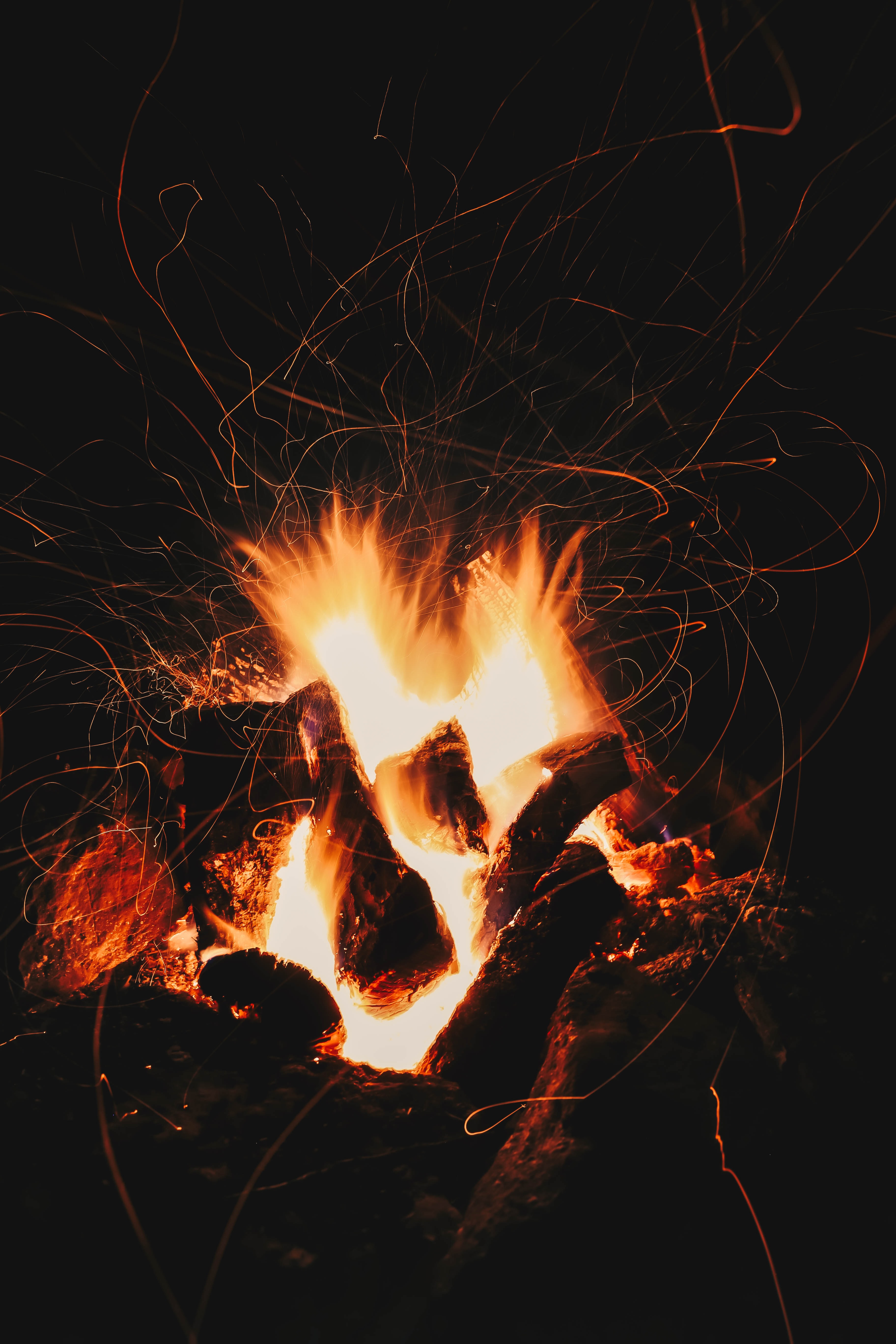 bonfire, sparks, dark, long exposure, glow