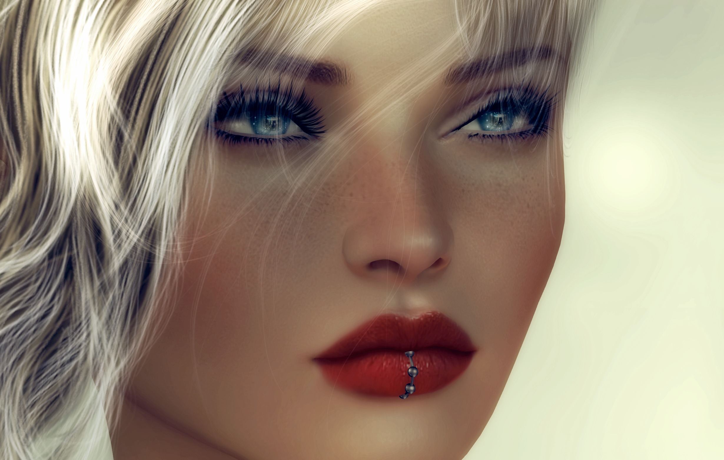 Free download wallpaper Artistic, Blonde, Face, Women, Piercing, Blue Eyes, Lipstick on your PC desktop