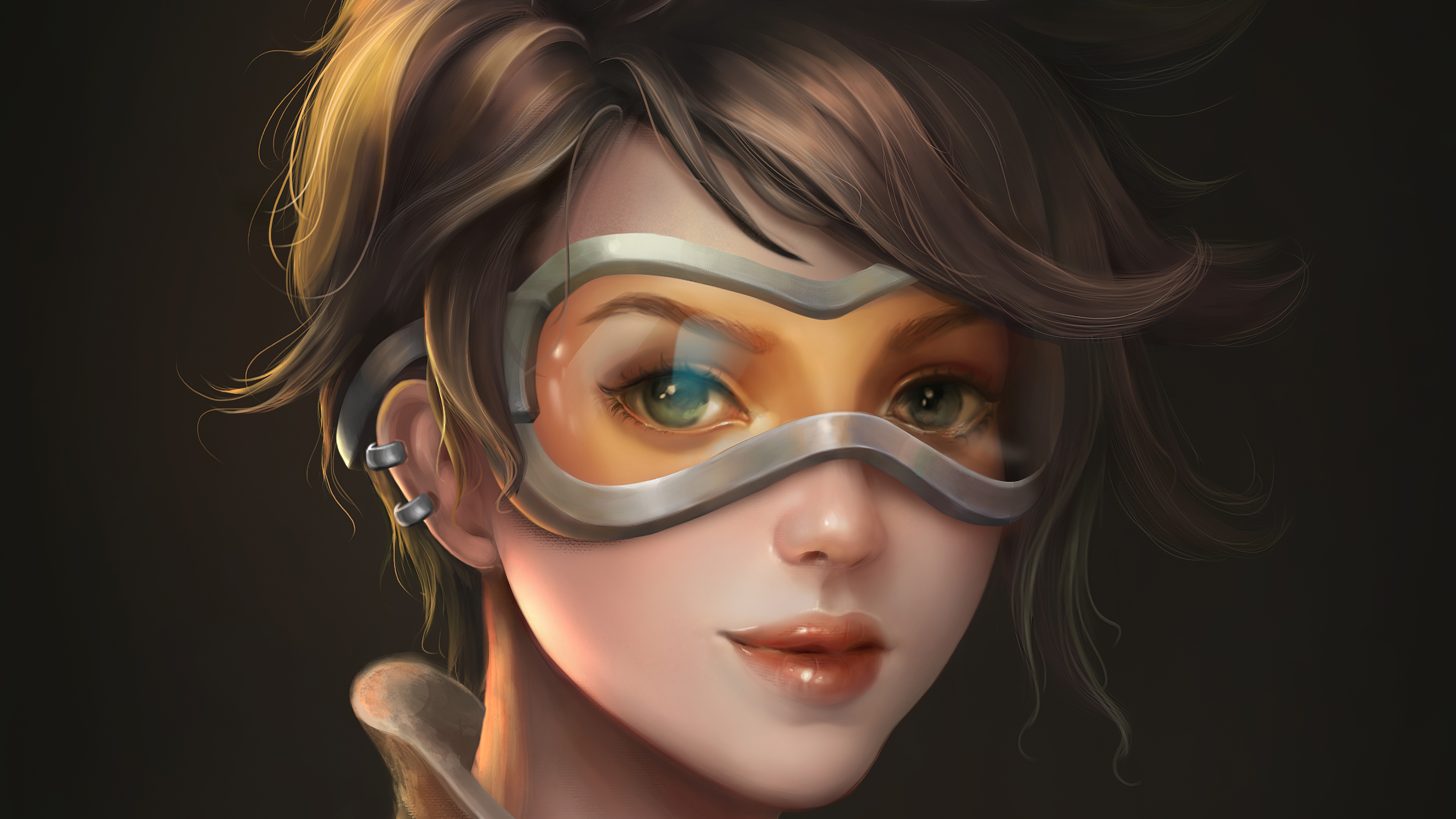 Free download wallpaper Face, Overwatch, Video Game, Brown Hair, Short Hair, Tracer (Overwatch) on your PC desktop