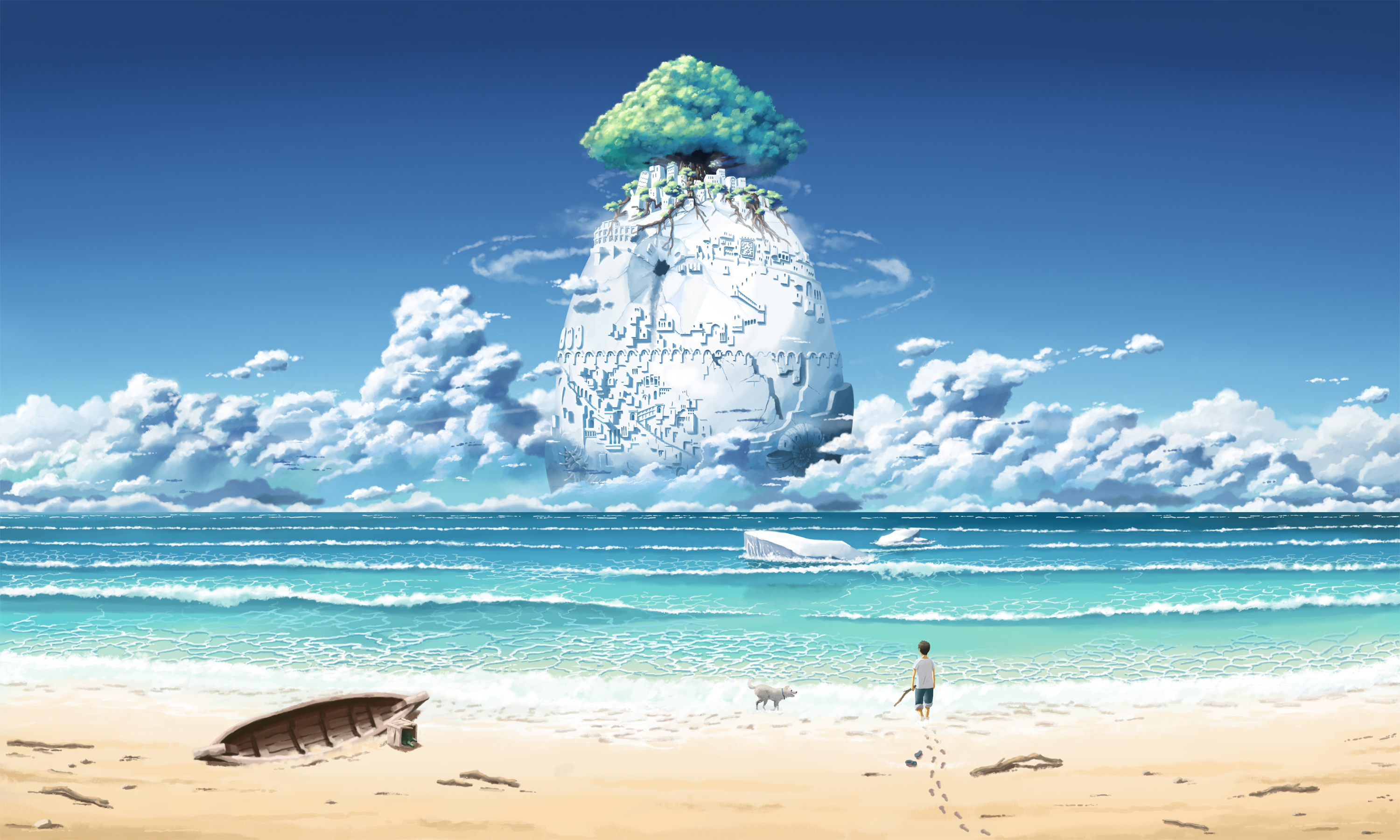 794586 завантажити картинку аніме, пляж, хмара, пес, дерево, вода - шпалери і заставки безкоштовно