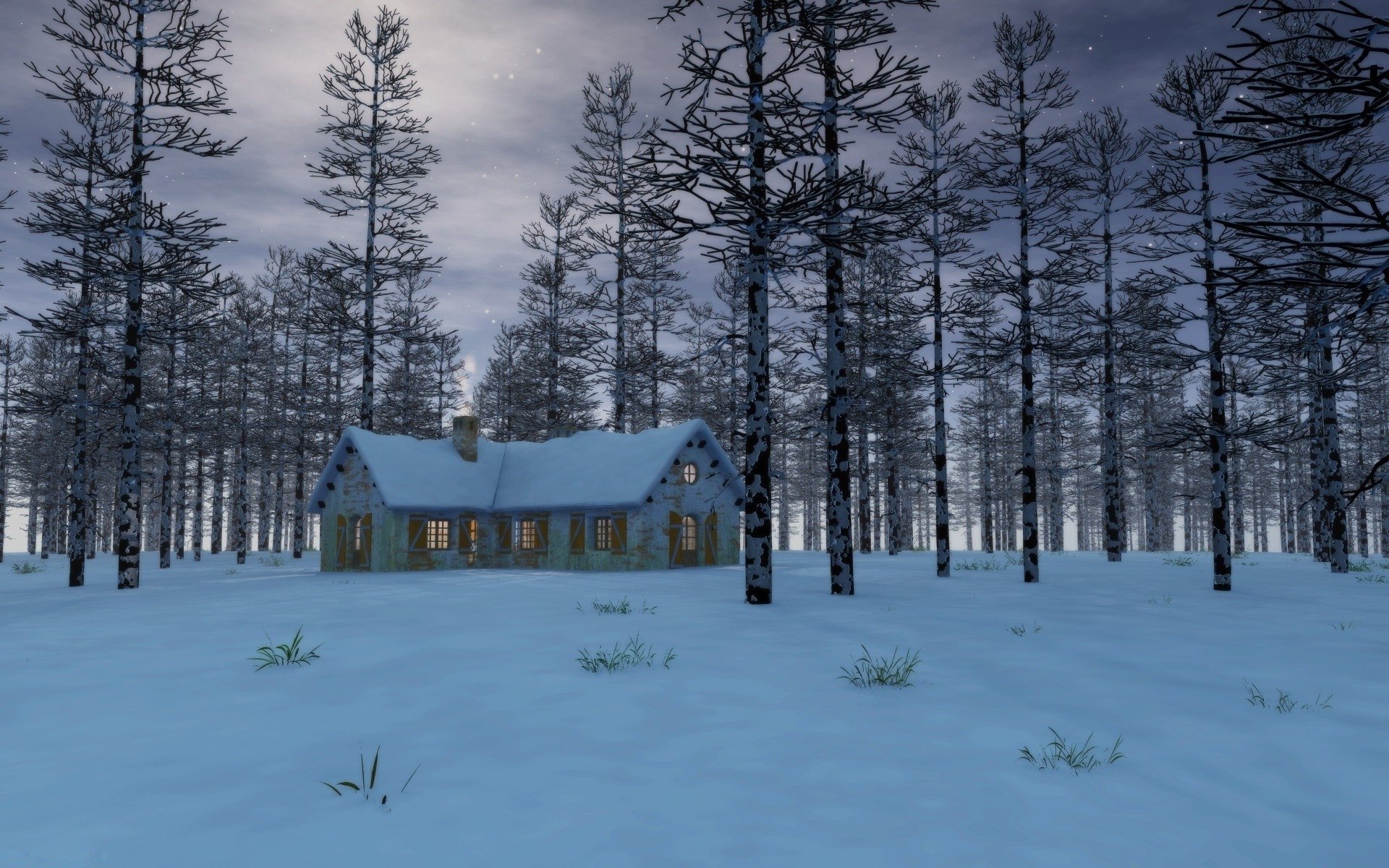 Laden Sie das Winter, Schnee, Wald, Baum, Haus, Dämmerung, Künstlerisch-Bild kostenlos auf Ihren PC-Desktop herunter