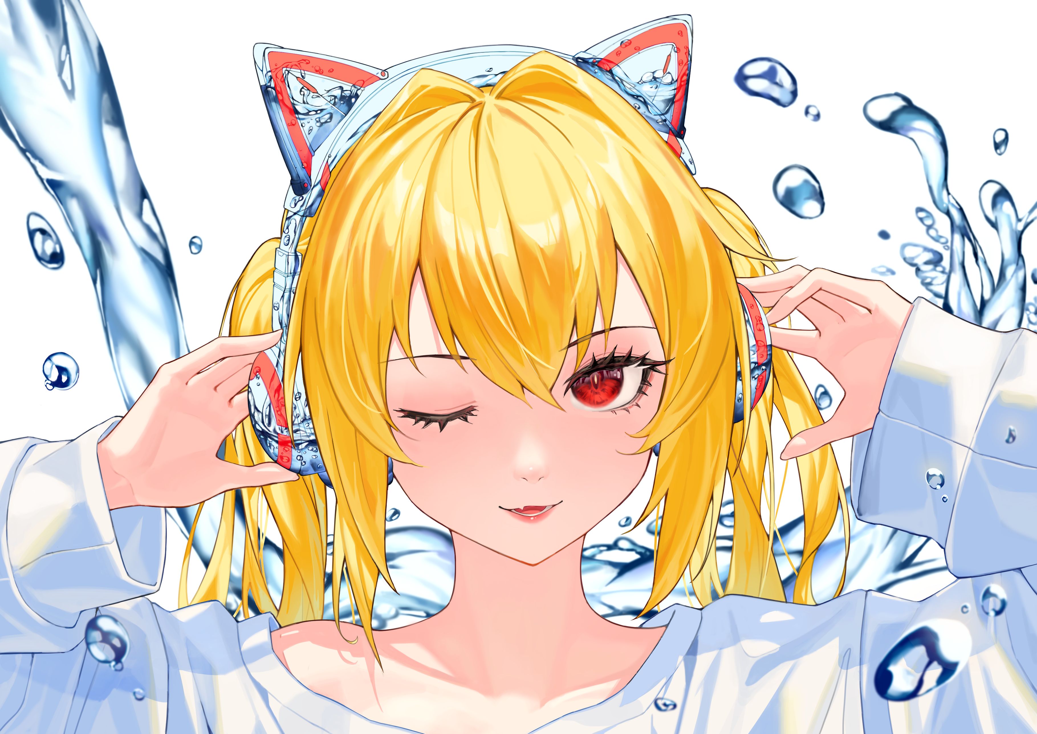 Download mobile wallpaper Anime, Water, Headphones, Blonde, Face, Wink, Original, Red Eyes for free.
