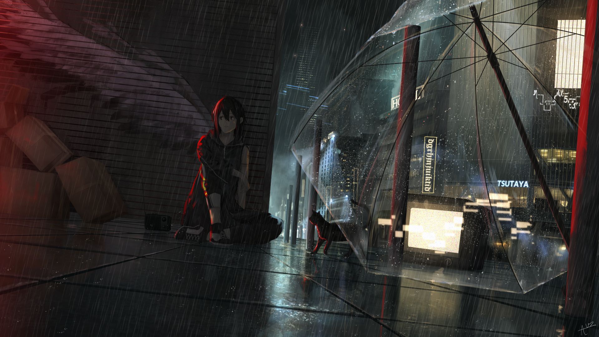 Laden Sie das Mädchen, Regen, Katze, Regenschirm, Animes-Bild kostenlos auf Ihren PC-Desktop herunter