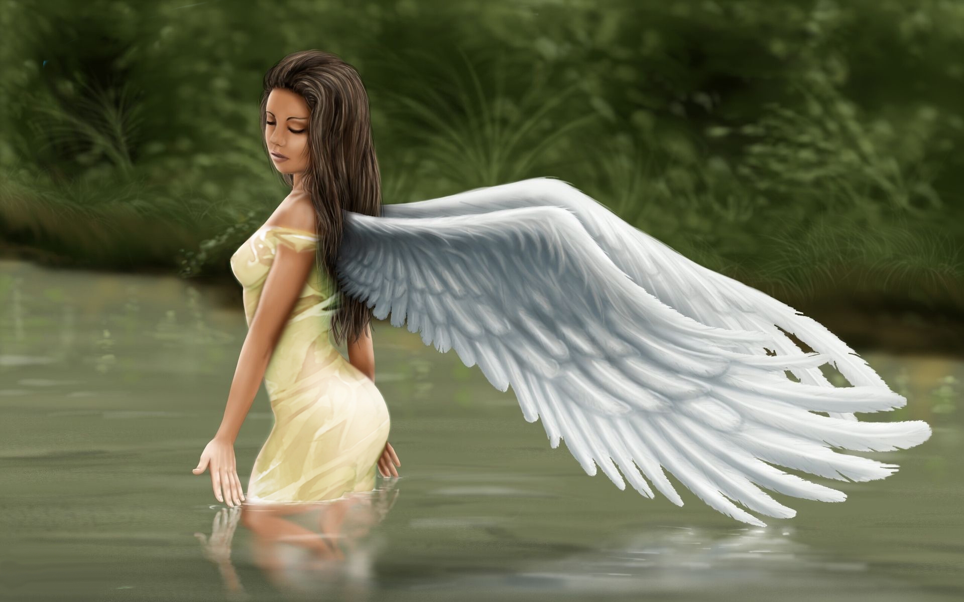 Free download wallpaper Fantasy, Wings, Pond, Angel on your PC desktop