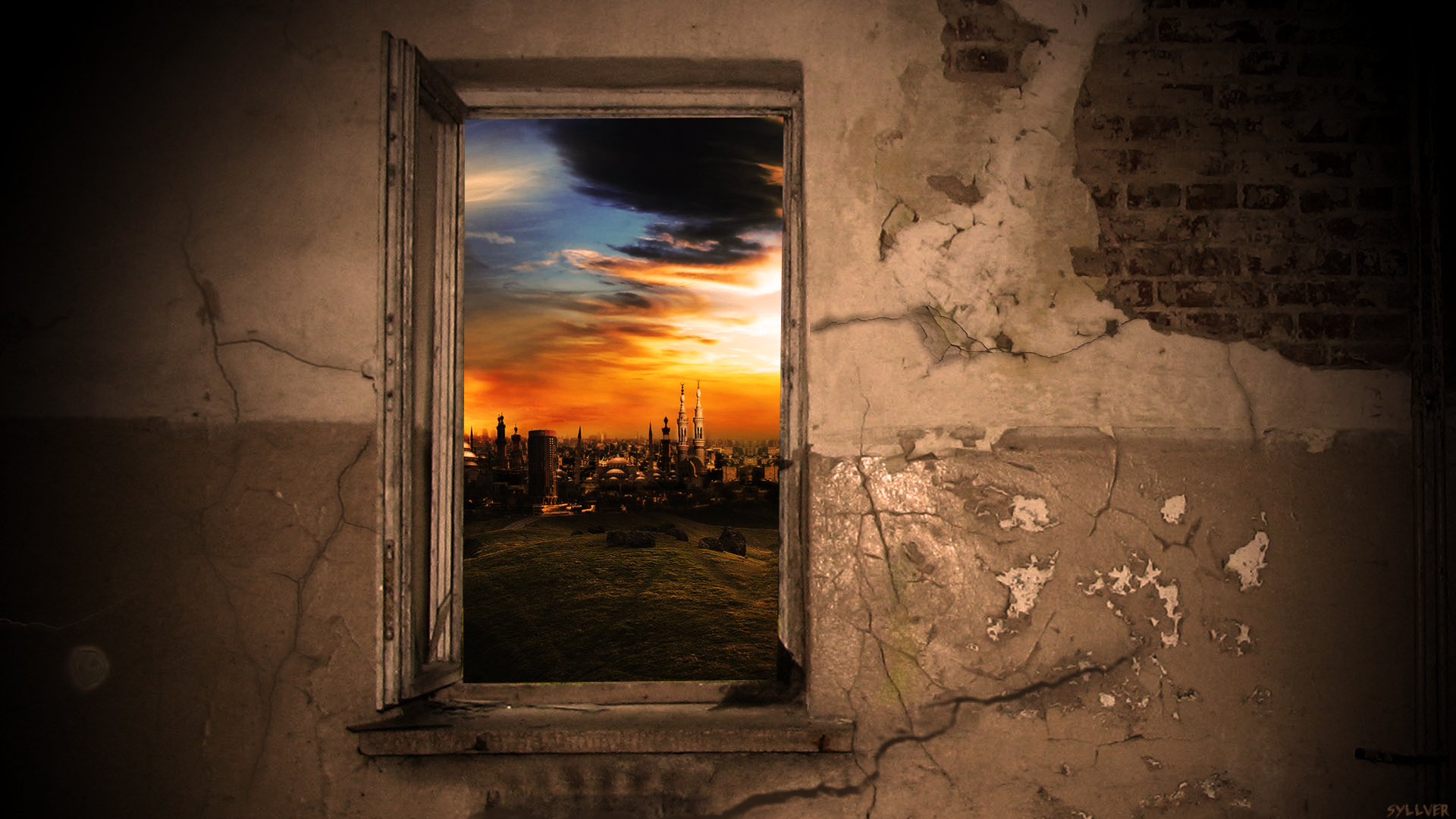 Download mobile wallpaper Sun, City, Window, Artistic for free.