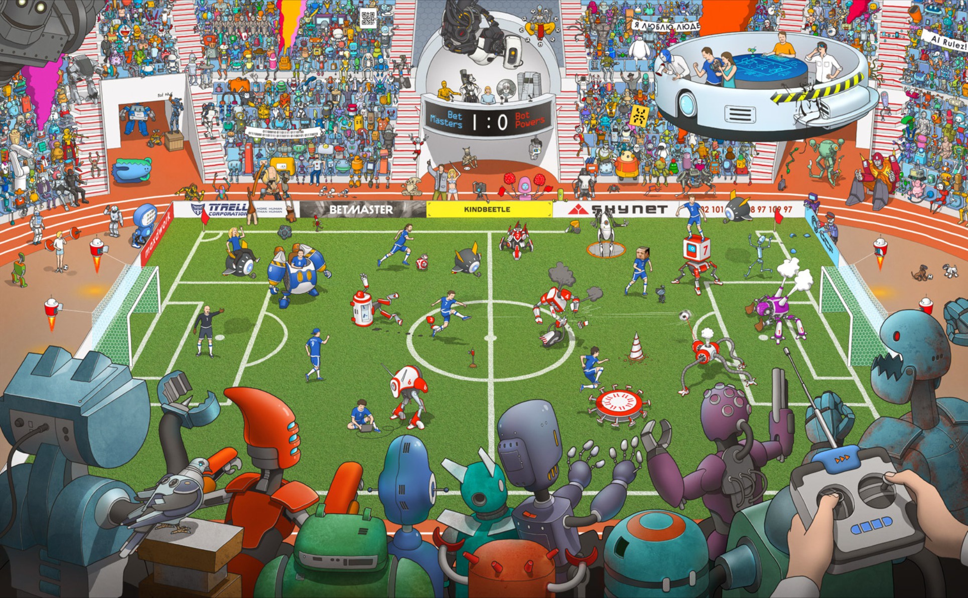 Скачать картинку Футбол, Робот, Стадион, Научная Фантастика в телефон бесплатно.