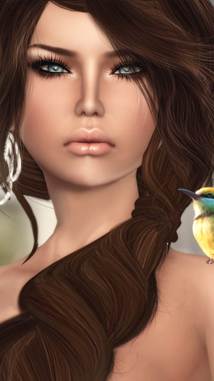 Download mobile wallpaper Fantasy, Bird, Brunette, Women, Blue Eyes, Braid for free.