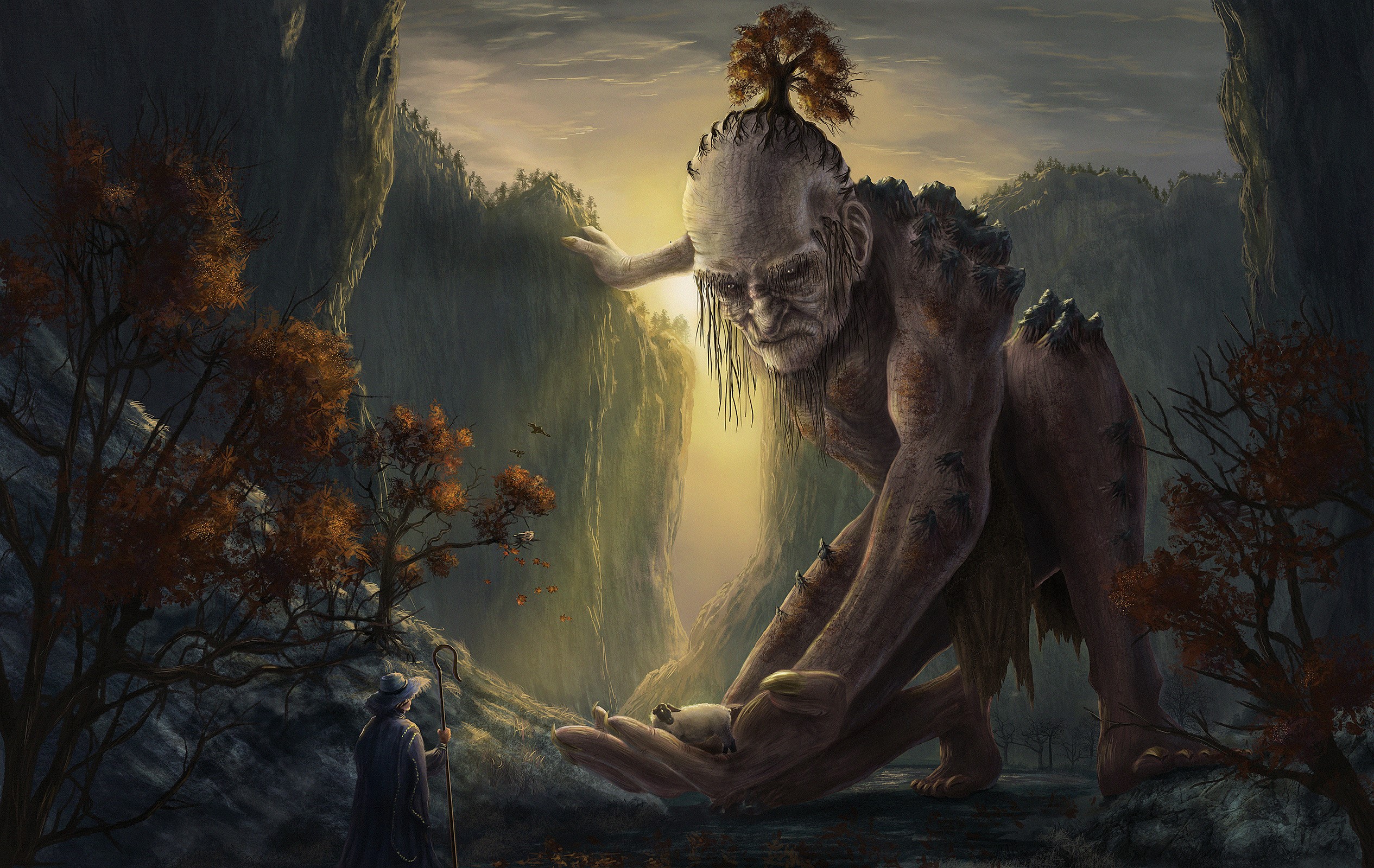 Laden Sie das Fantasie, Wald, Gebirge, Monster, Gigant-Bild kostenlos auf Ihren PC-Desktop herunter