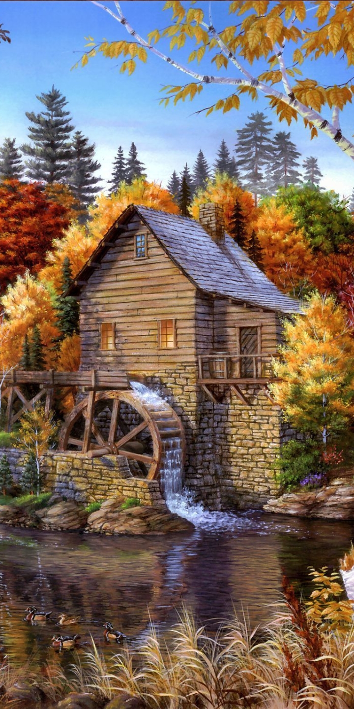 Download mobile wallpaper Landscape, Fall, Artistic, Watermill for free.