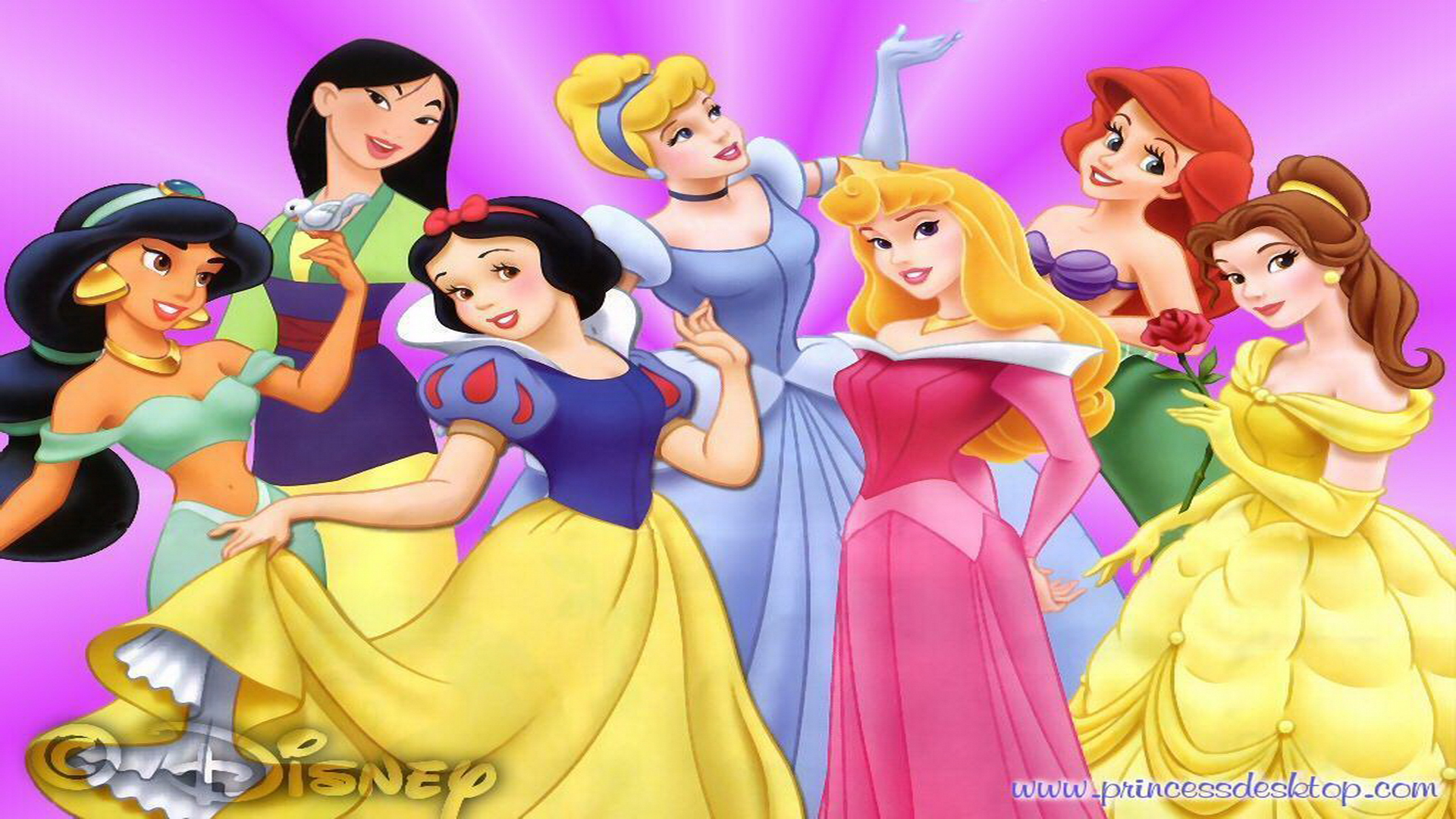 disney princess, movie, disney, ariel (the little mermaid), aurora (sleeping beauty), belle (beauty and the beast), cinderella, mulan, princess jasmine, snow white
