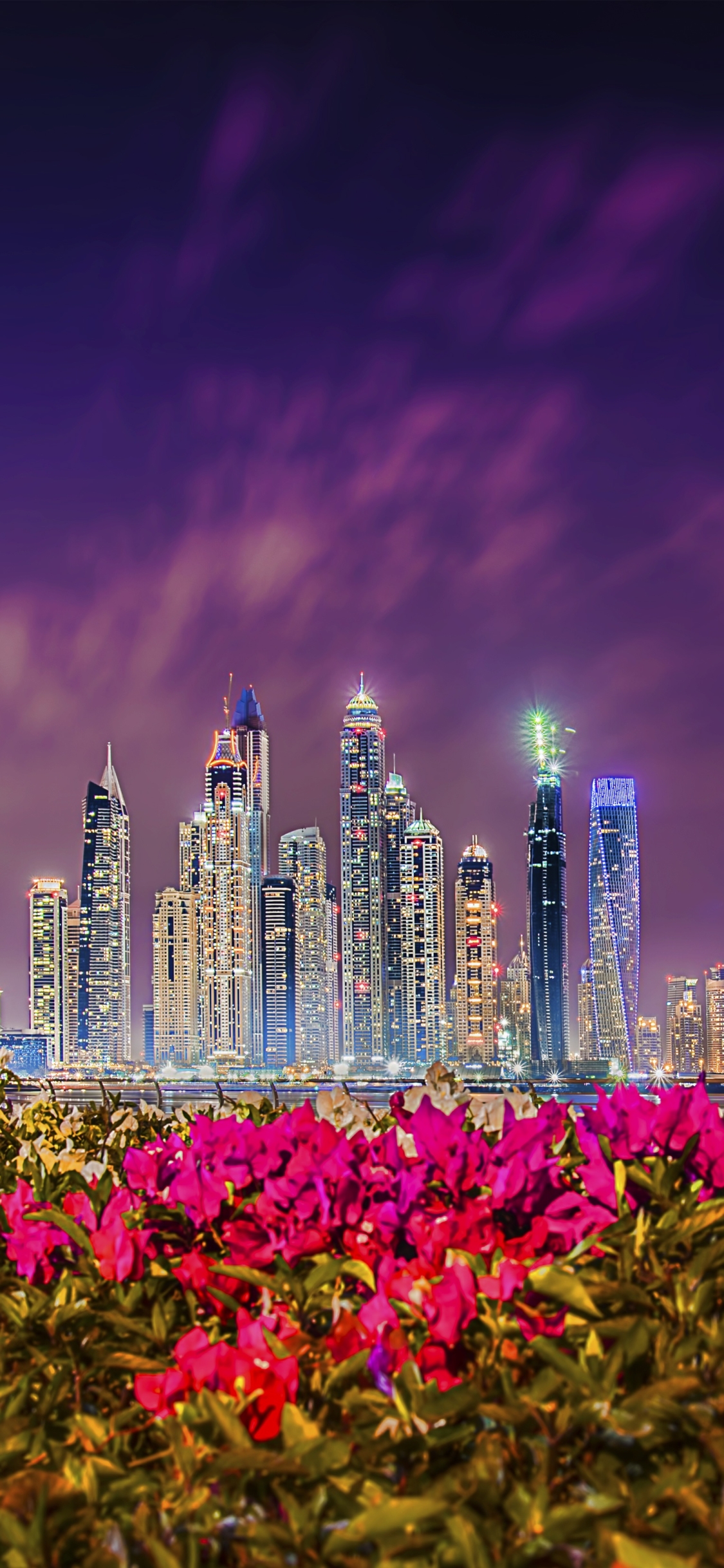 Descarga gratuita de fondo de pantalla para móvil de Ciudades, Noche, Ciudad, Rascacielos, Edificio, Flor, Emiratos Árabes Unidos, Hecho Por El Hombre, Dubái.
