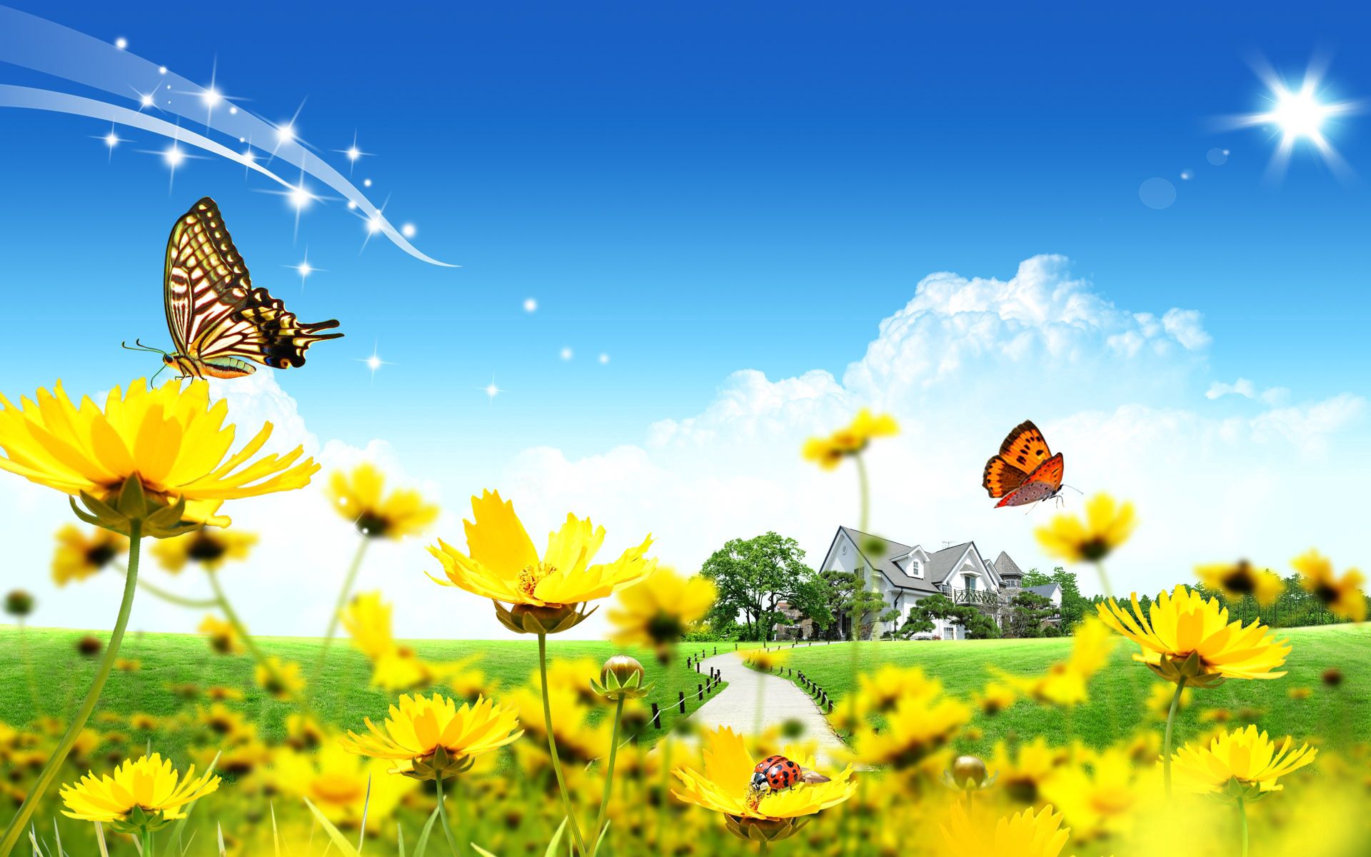 1920x1080 Background house, vector, flowers, ladybugs, lawn