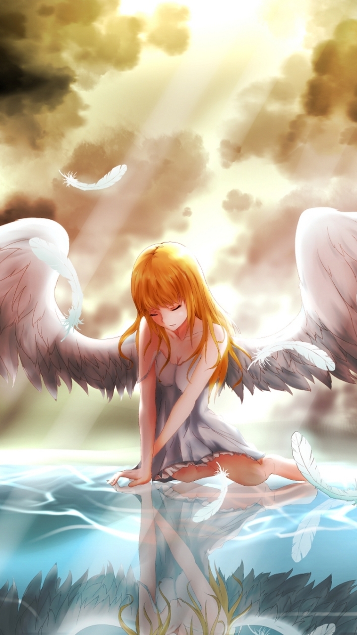 Download mobile wallpaper Anime, Water, Fantasy, Feather, Reflection, Redhead, Wings, Angel, Cloud, Sunbeam, Sunbean for free.