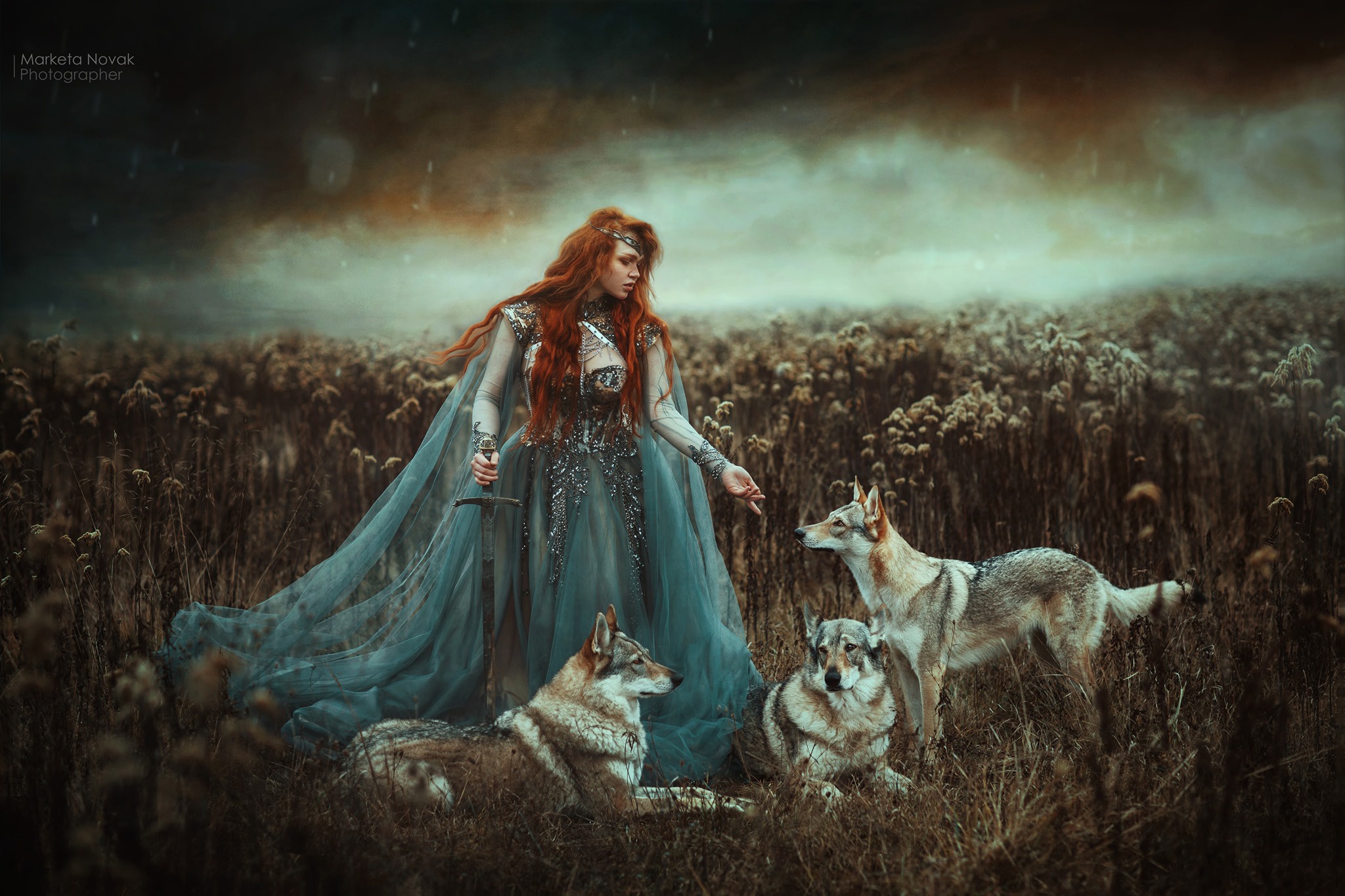 1015069 скачать картинку женщины, модель, чехословацкая волчья собака, длинные волосы, рыжая, мечи, волк - обои и заставки бесплатно
