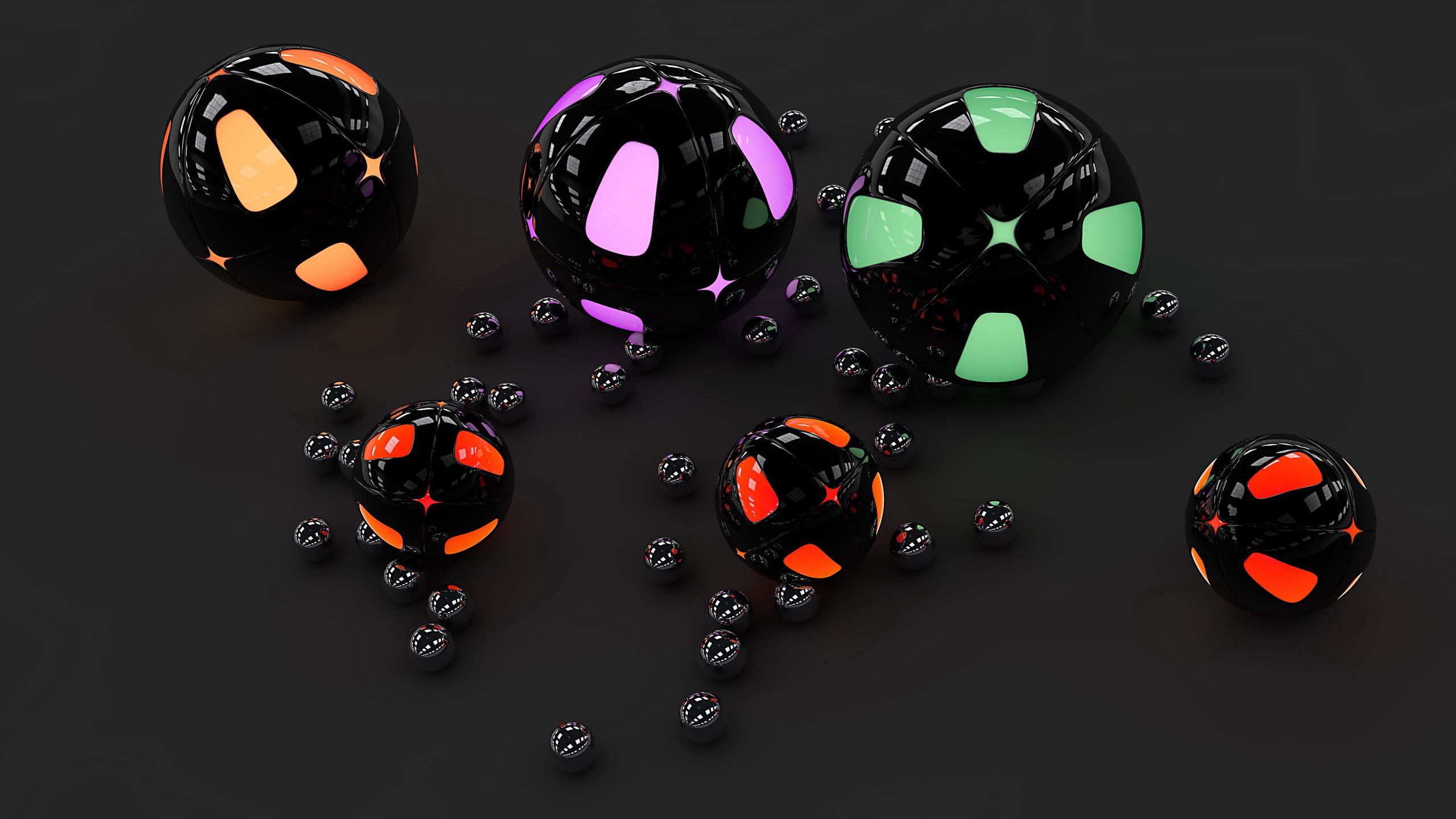 sphere, balls, 3d, spheres, neon, surface, backlight, illumination, gray background, grey background