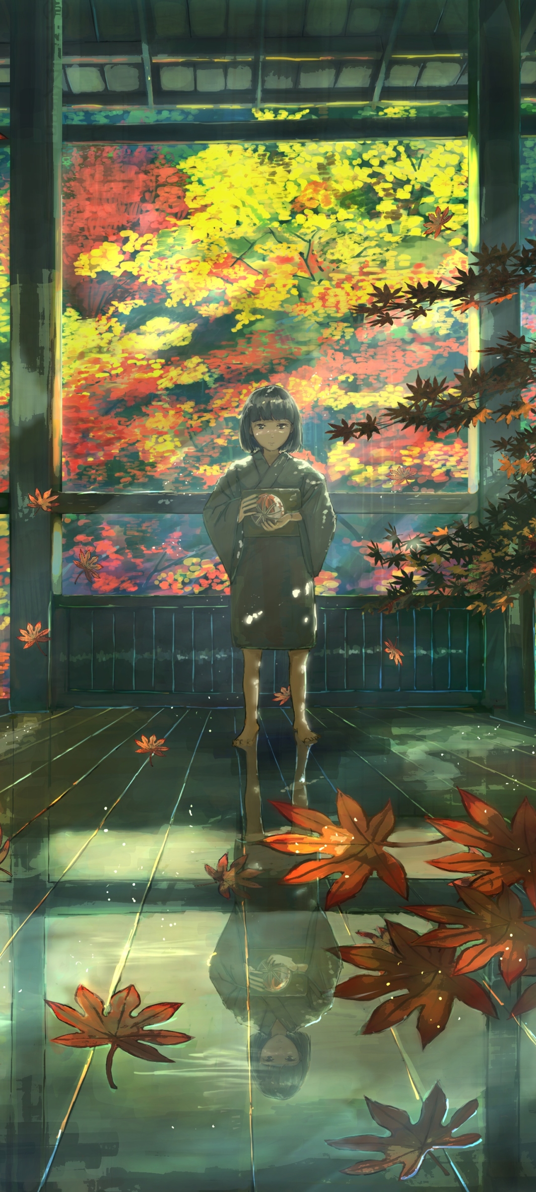 Download mobile wallpaper Anime, Reflection, Fall, Girl, Child, Kimono for free.