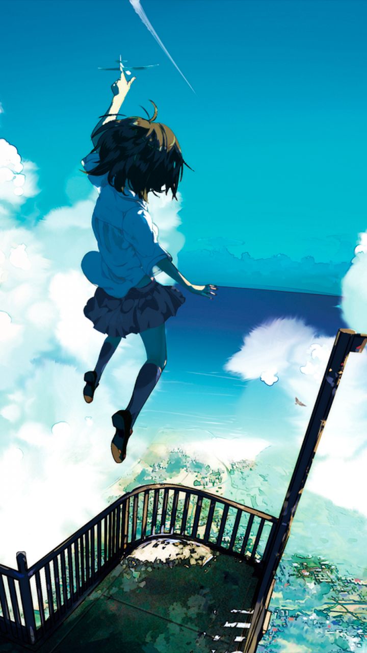 Download mobile wallpaper Anime, Sky, Airplane, Jump, Cloud, Shirt, Skirt, Socks, Original, Brown Hair, Short Hair for free.