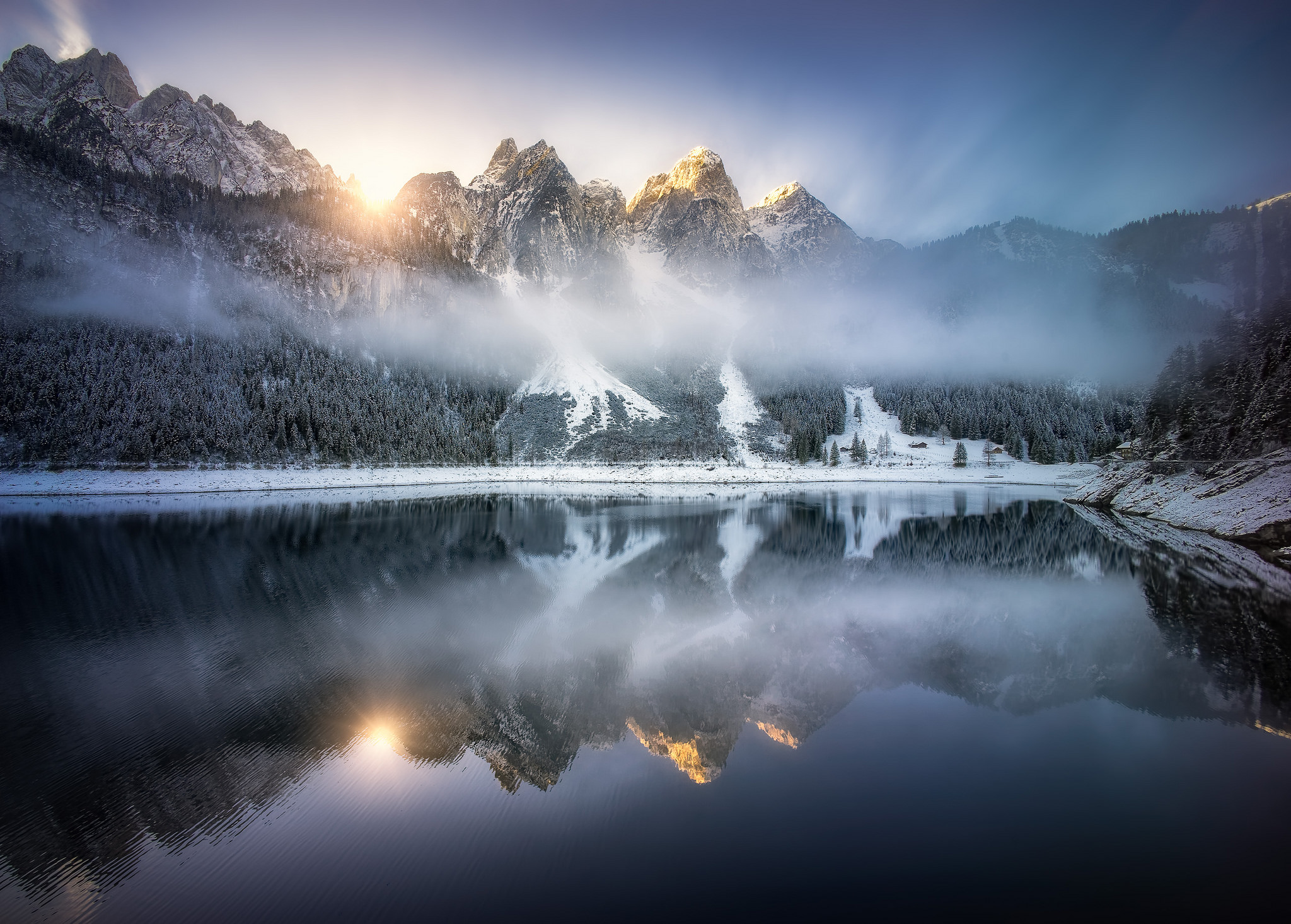 Download mobile wallpaper Winter, Lakes, Mountain, Lake, Reflection, Forest, Fog, Austria, Alps, Earth, Gosausee for free.