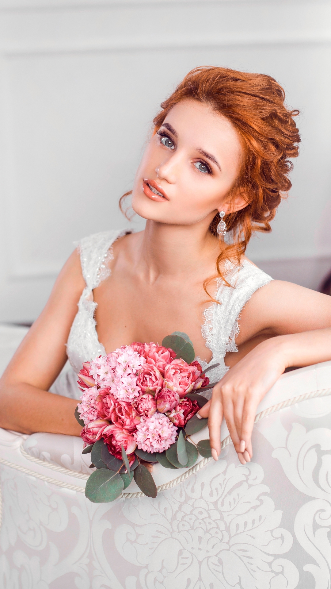 Download mobile wallpaper Bouquet, Redhead, Bride, Model, Women, Blue Eyes, Wedding Dress, White Dress for free.