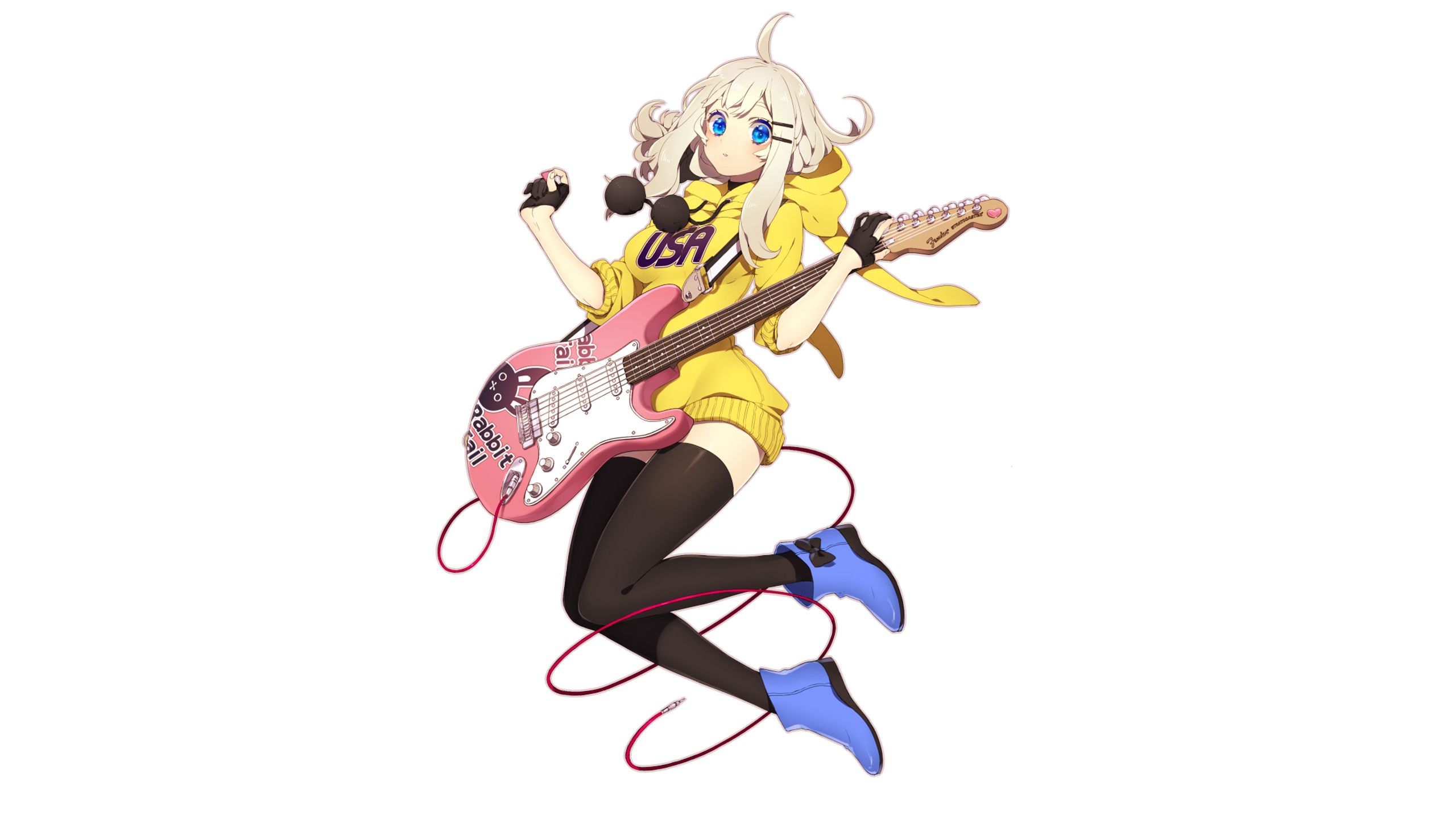 Download mobile wallpaper Anime, Guitar, Blue Eyes, Original, White Hair for free.