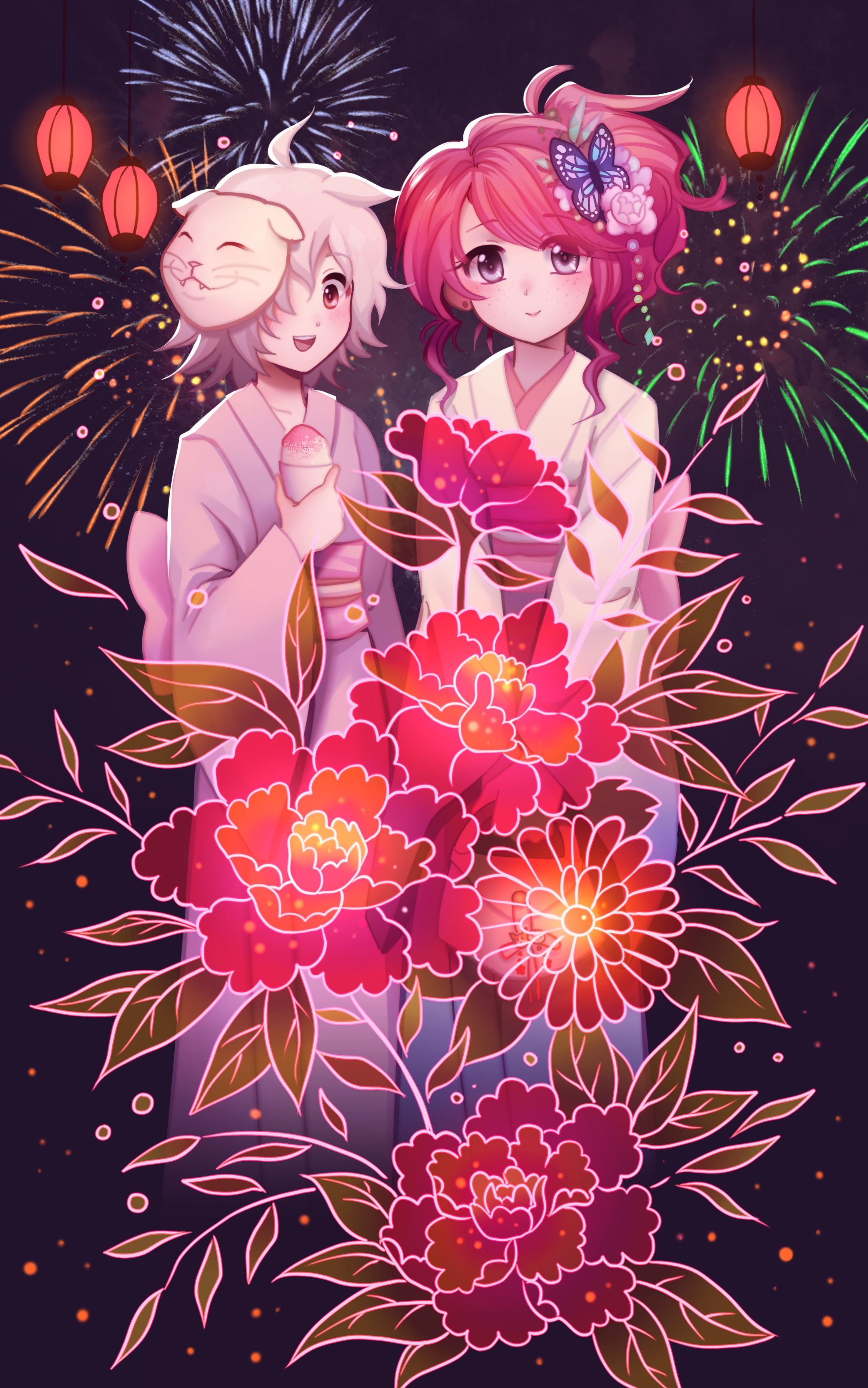 Free download wallpaper Fireworks, Firework, Flowers, Art, Anime, Girls on your PC desktop