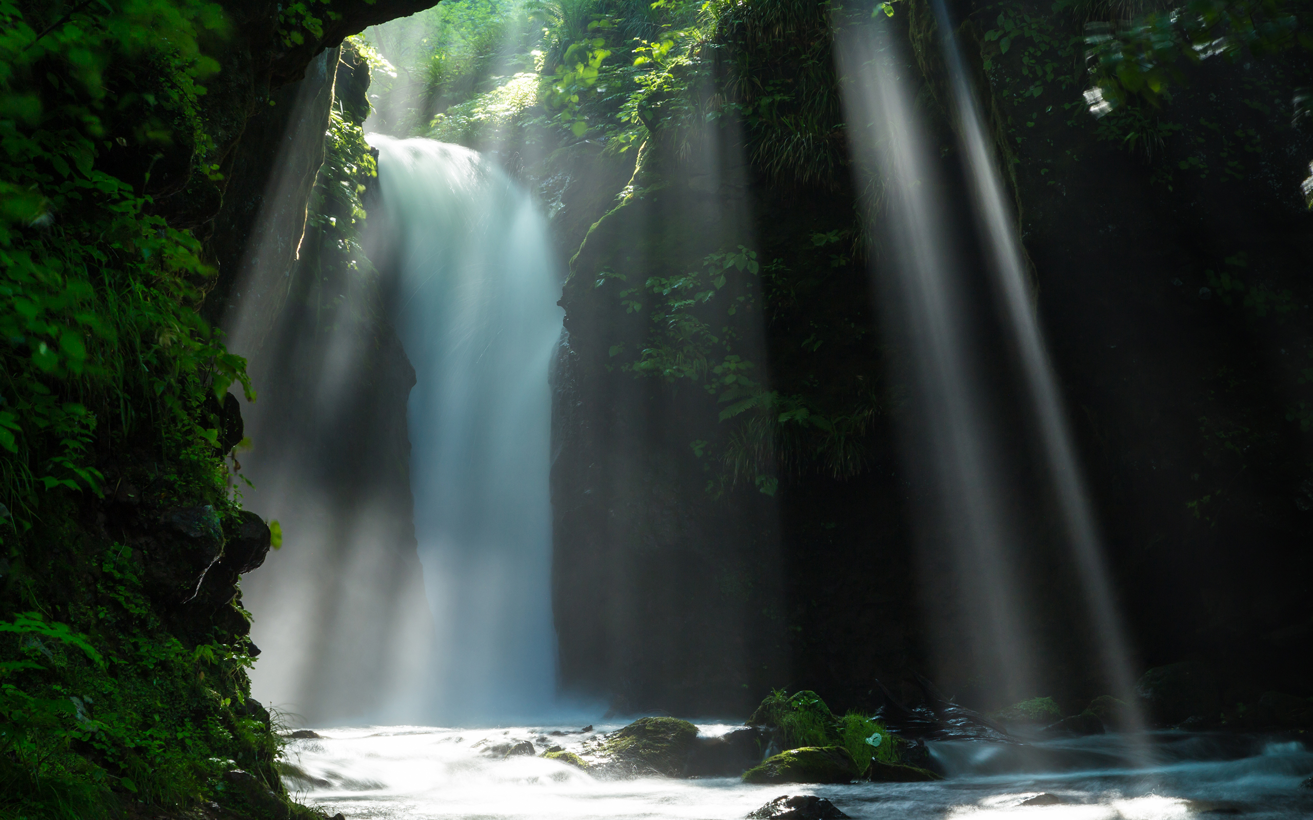 Free download wallpaper Waterfalls, Light, Waterfall, Forest, Earth, Sunbeam on your PC desktop