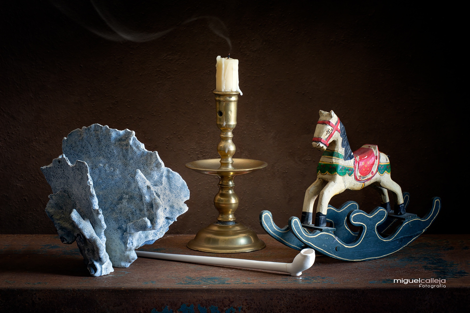 photography, still life, candle, coral, horse, pipe, rocking horse, toy