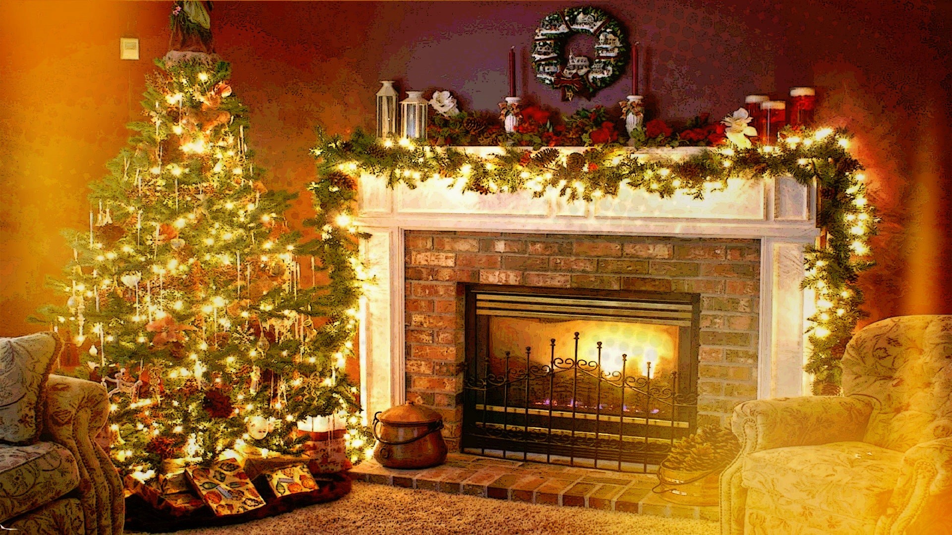 Download mobile wallpaper Chair, Christmas, Holiday, Christmas Tree, Living Room, Wreath, Fireplace for free.