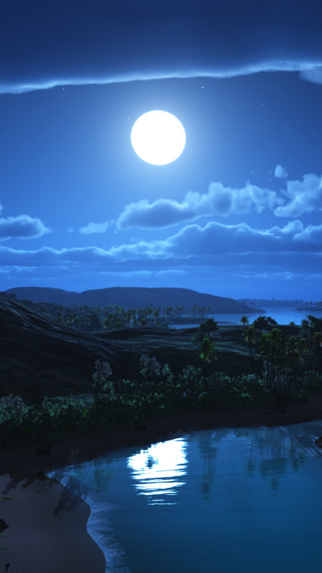 Download mobile wallpaper Landscape, Stars, Night, Moon, House, Hill, Artistic, Cloud, River, Palm Tree for free.