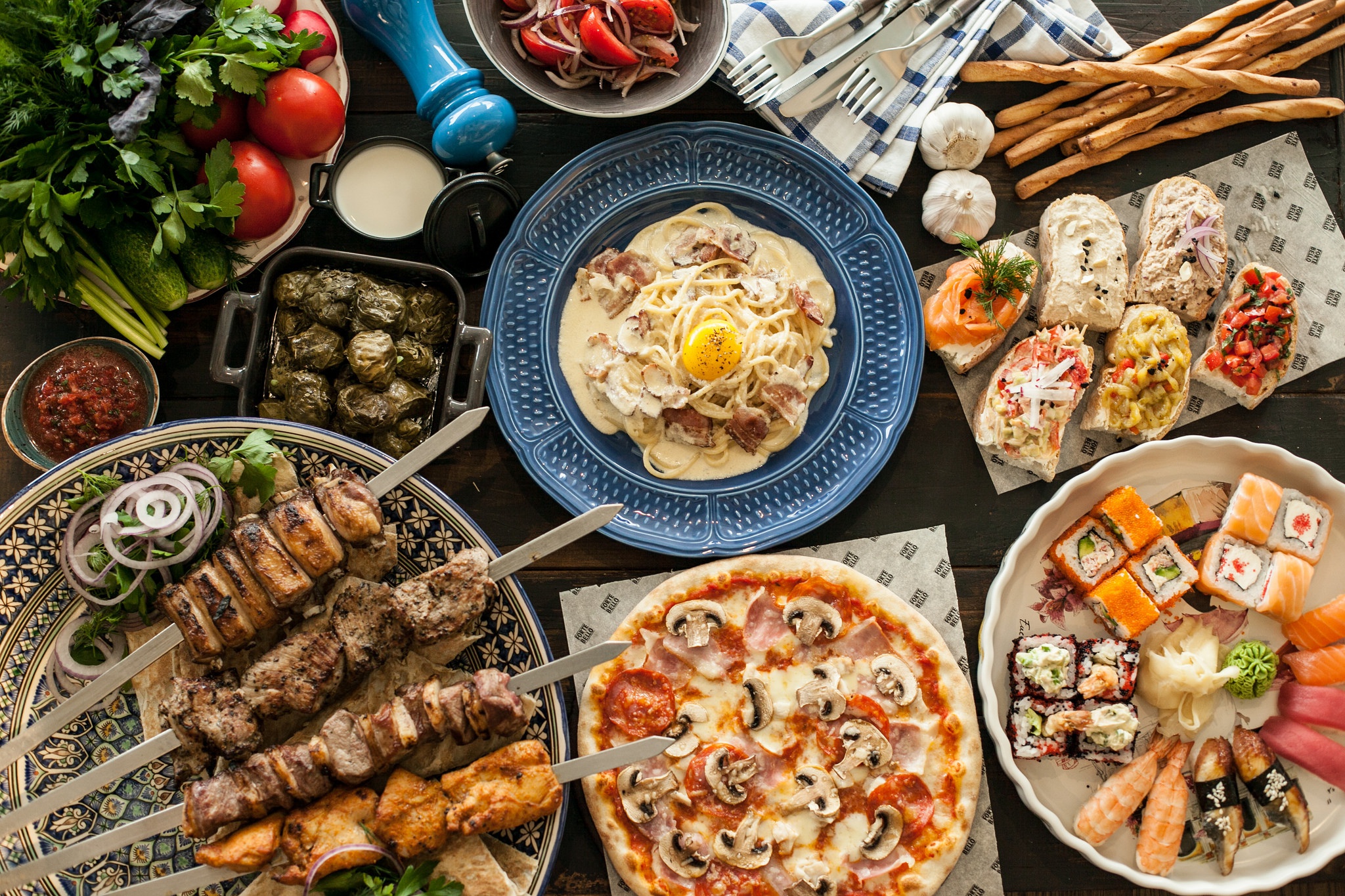 Download mobile wallpaper Food, Sushi, Pizza, Meat, Still Life, Egg, Pasta, Barbecue for free.