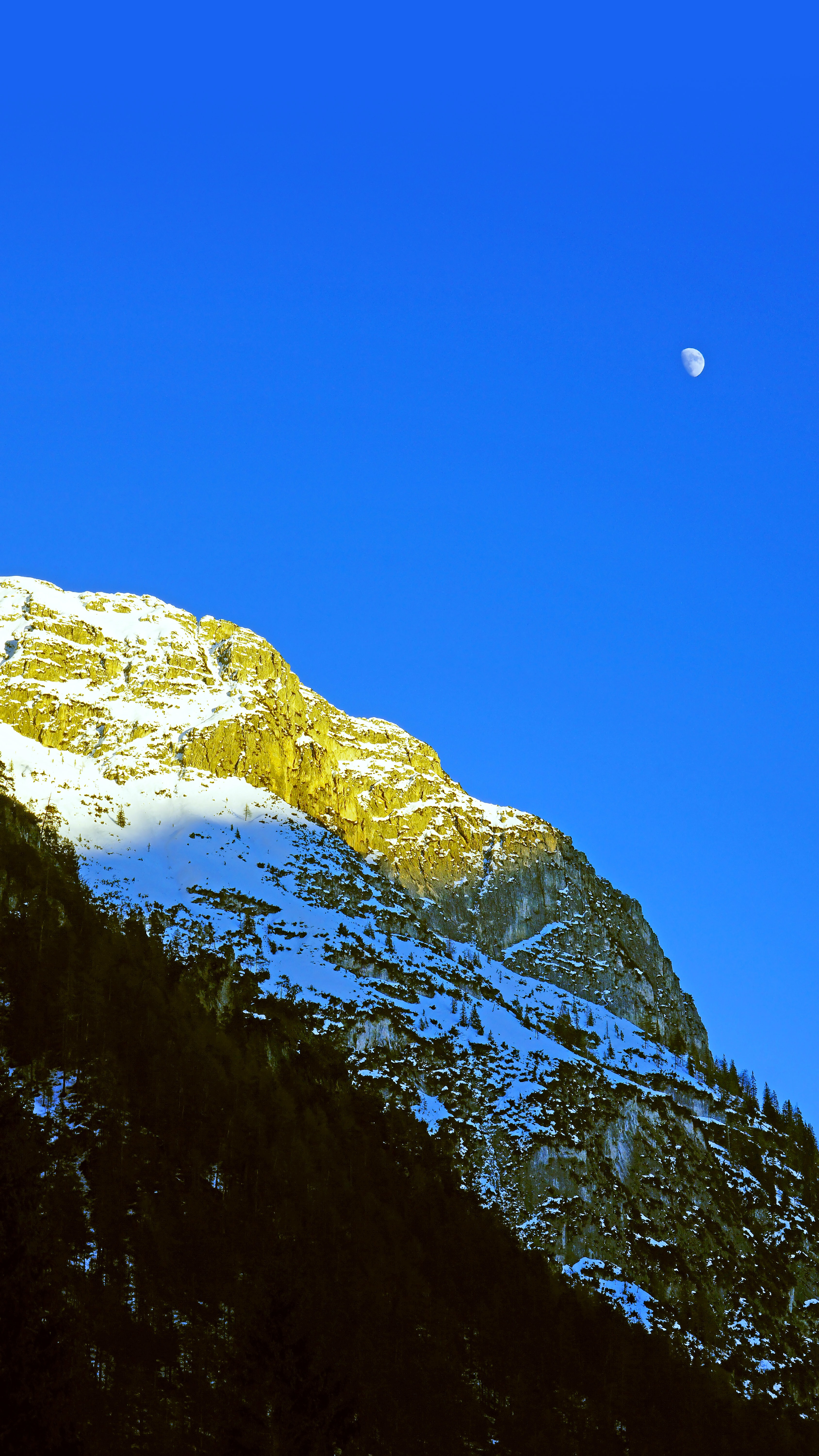 Free download wallpaper Trees, Mountains, Rocks, Snow Covered, Snowbound, Nature, Moon on your PC desktop