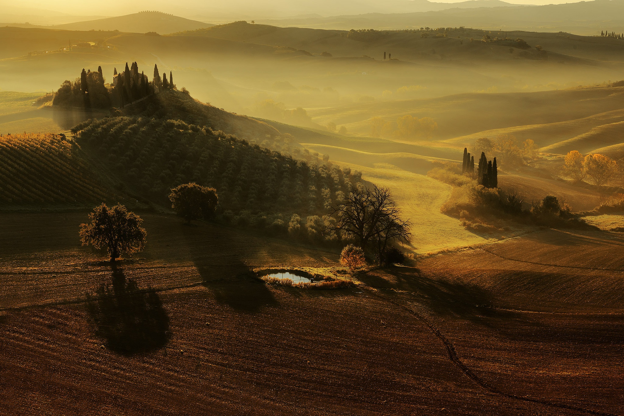 Handy-Wallpaper Landschaft, Natur, Italien, Nebel, Feld, Fotografie, Toskana kostenlos herunterladen.