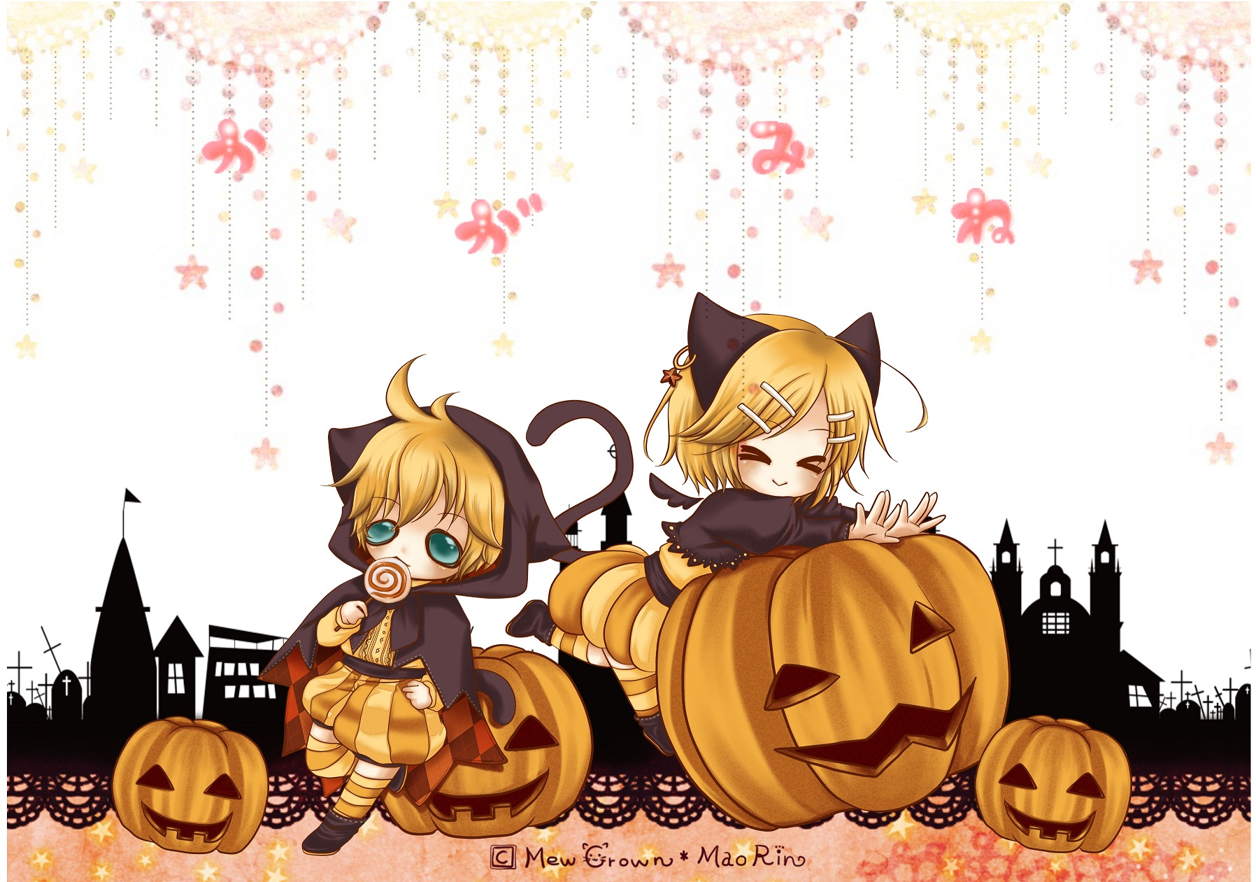 Laden Sie das Halloween, Vocaloid, Animes, Rin Kagamine, Len Kagamine-Bild kostenlos auf Ihren PC-Desktop herunter