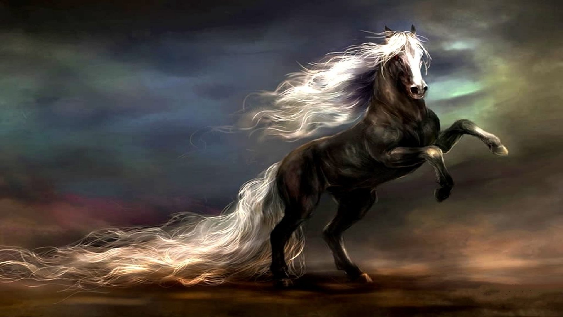 PCデスクトップにファンタジー, 馬, しっぽ, 暗い, ペインティング画像を無料でダウンロード