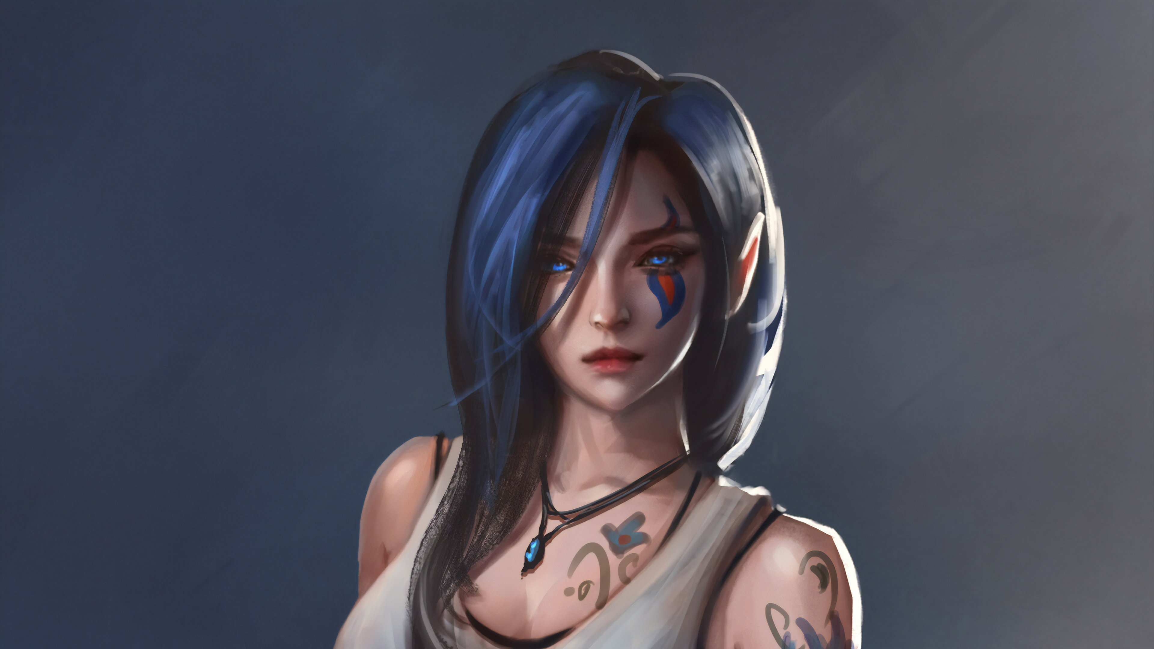 Download mobile wallpaper Fantasy, Tattoo, Elf, Blue Eyes, Blue Hair for free.