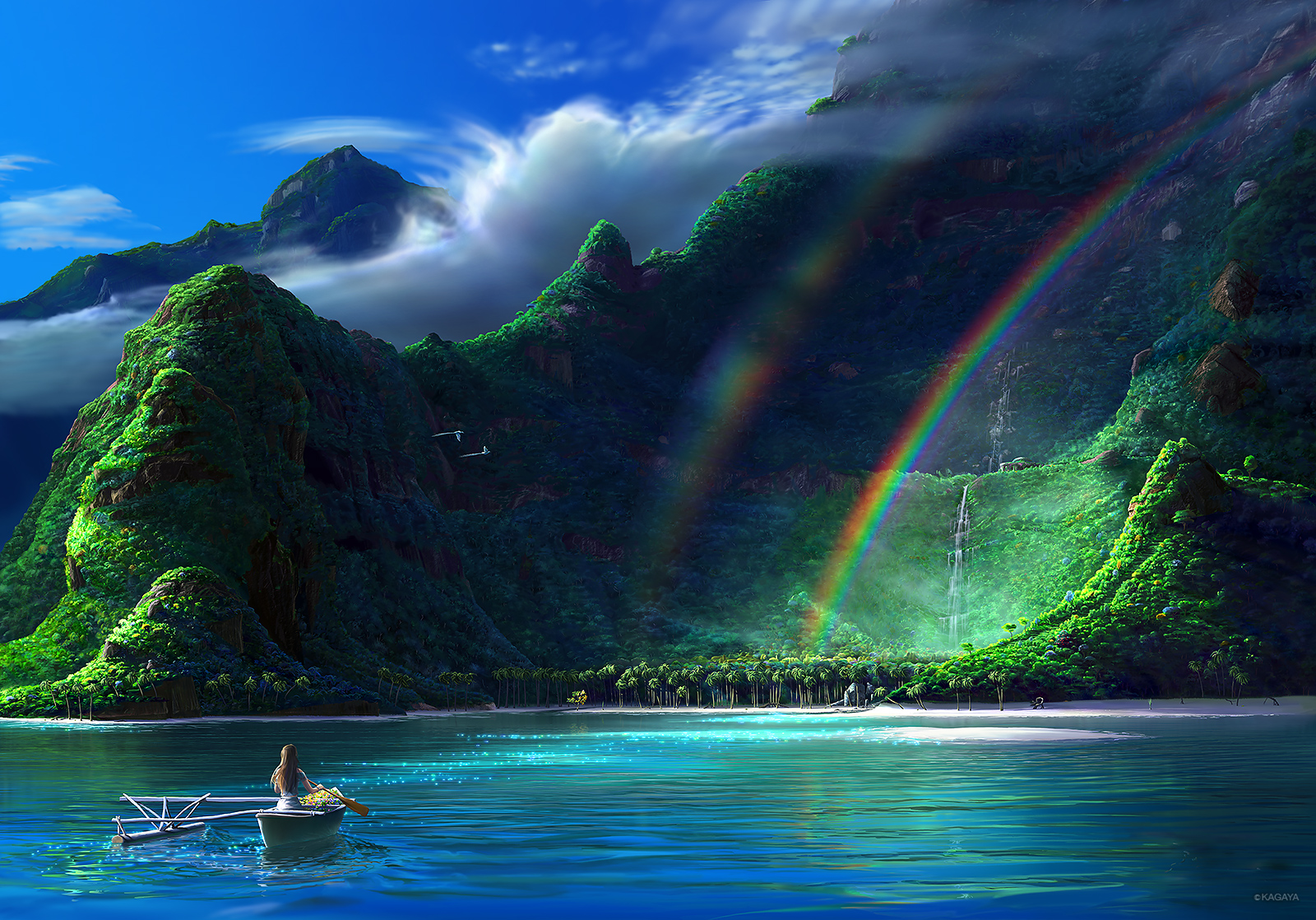Free download wallpaper Landscape, Rainbow, Mountain, Boat, Artistic, Cloud, Cgi on your PC desktop