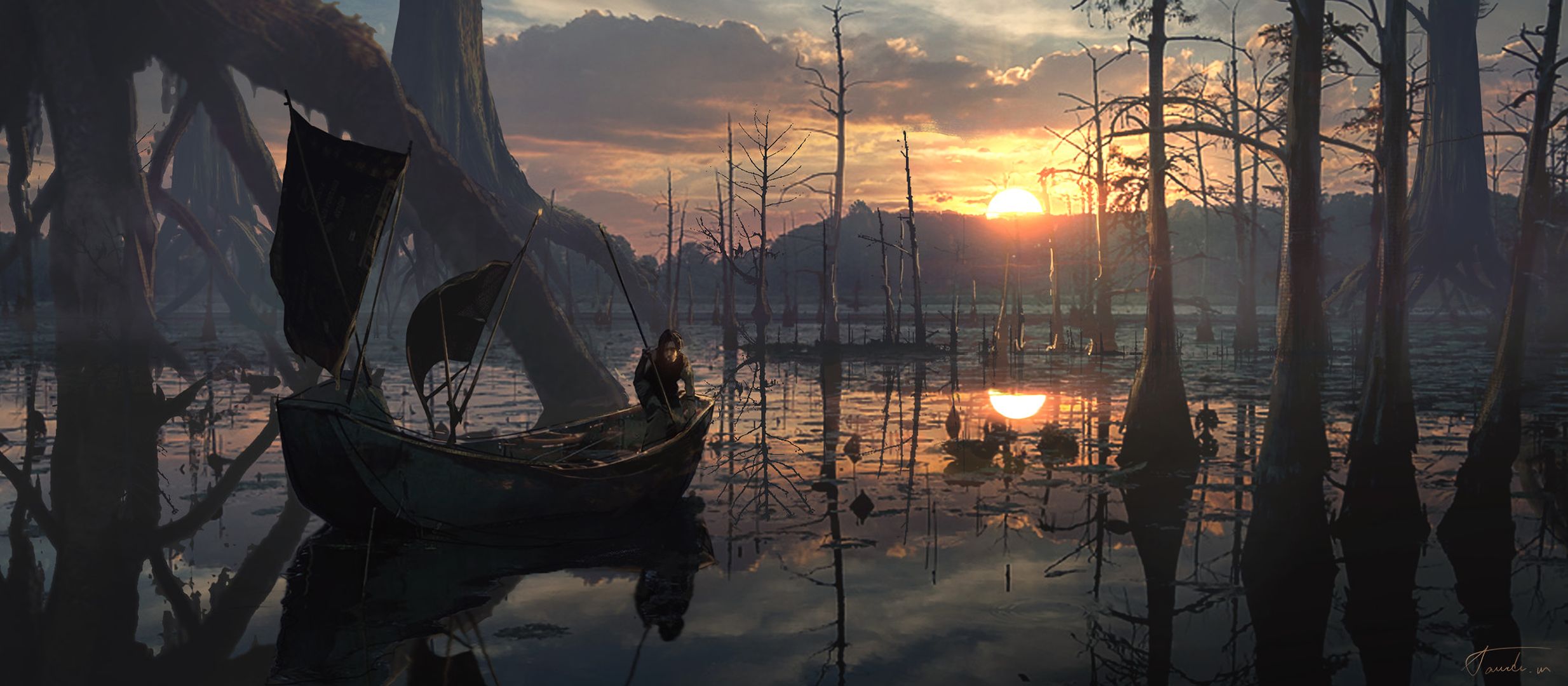 Download mobile wallpaper Fantasy, Sunset, Sun, Swamp, Reflection, Tree, Boat, River for free.