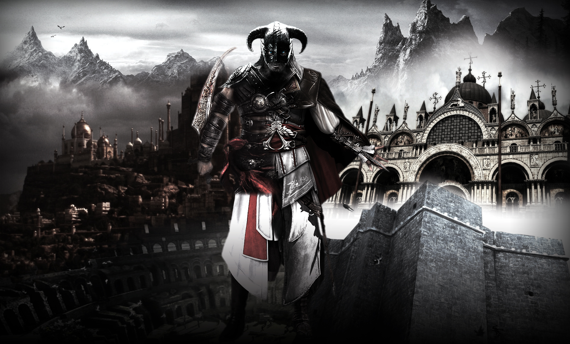 Baixe gratuitamente a imagem Cruzamento, Videogame, Assassin's Creed, Skyrim na área de trabalho do seu PC