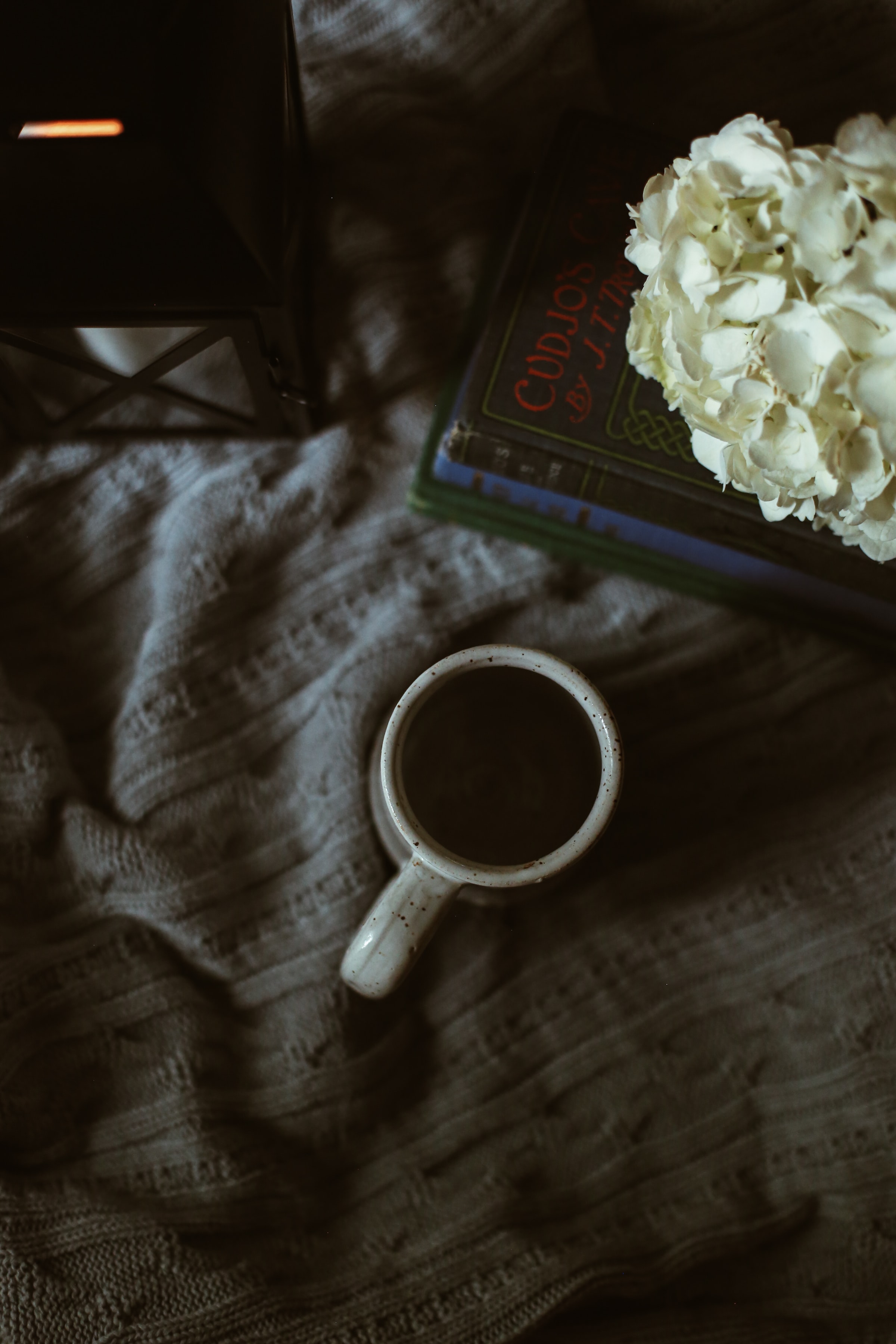 flowers, coffee, miscellanea, miscellaneous, cup, cloth, book Panoramic Wallpaper
